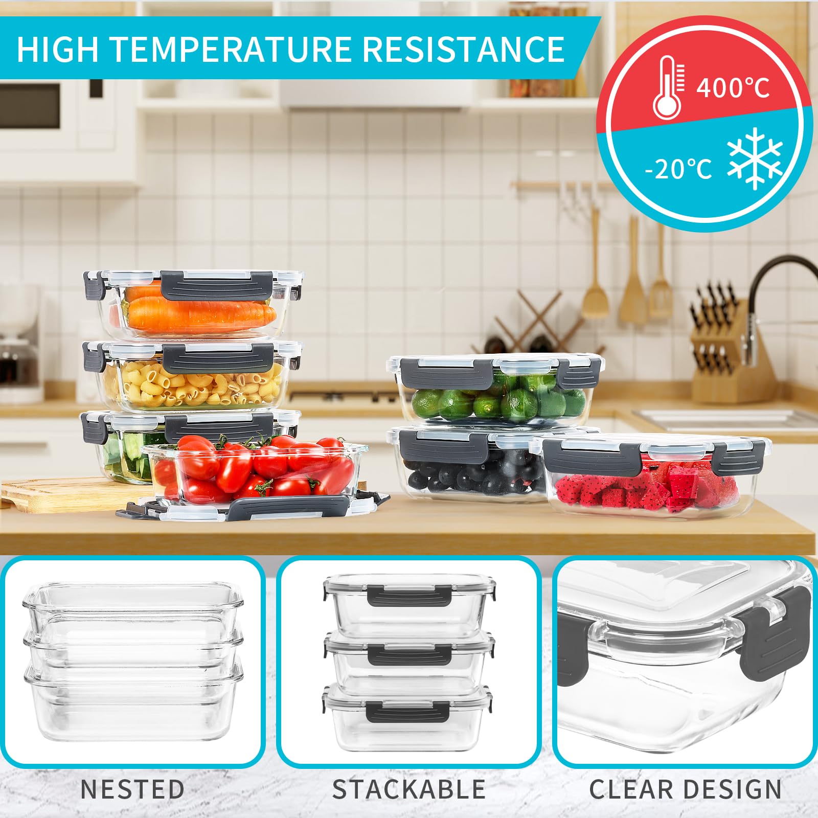 Skroam 10-Pack 22oz Glass Meal Prep Containers with Airtight Lids – BPA-Free Food Storage for Lunch, Pantry & Kitchen Organization – Ideal for Meal Prepping, Leftovers & Bento Boxes