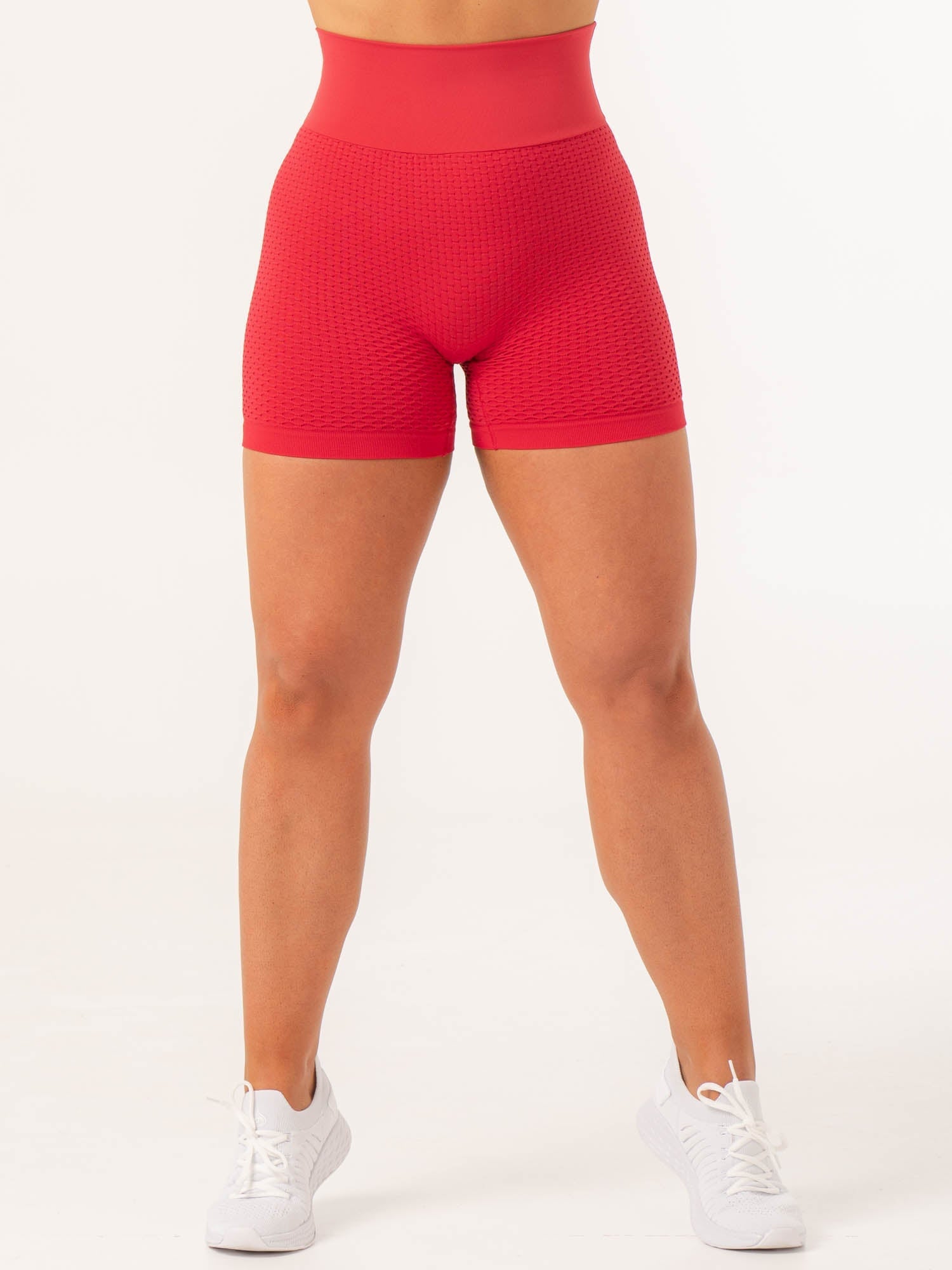Honeycomb Scrunch Seamless Shorts for Women - High Waisted Yoga Shorts, Lipstick Red - Perfect for Workout, Running, Gym & Lounge Wear