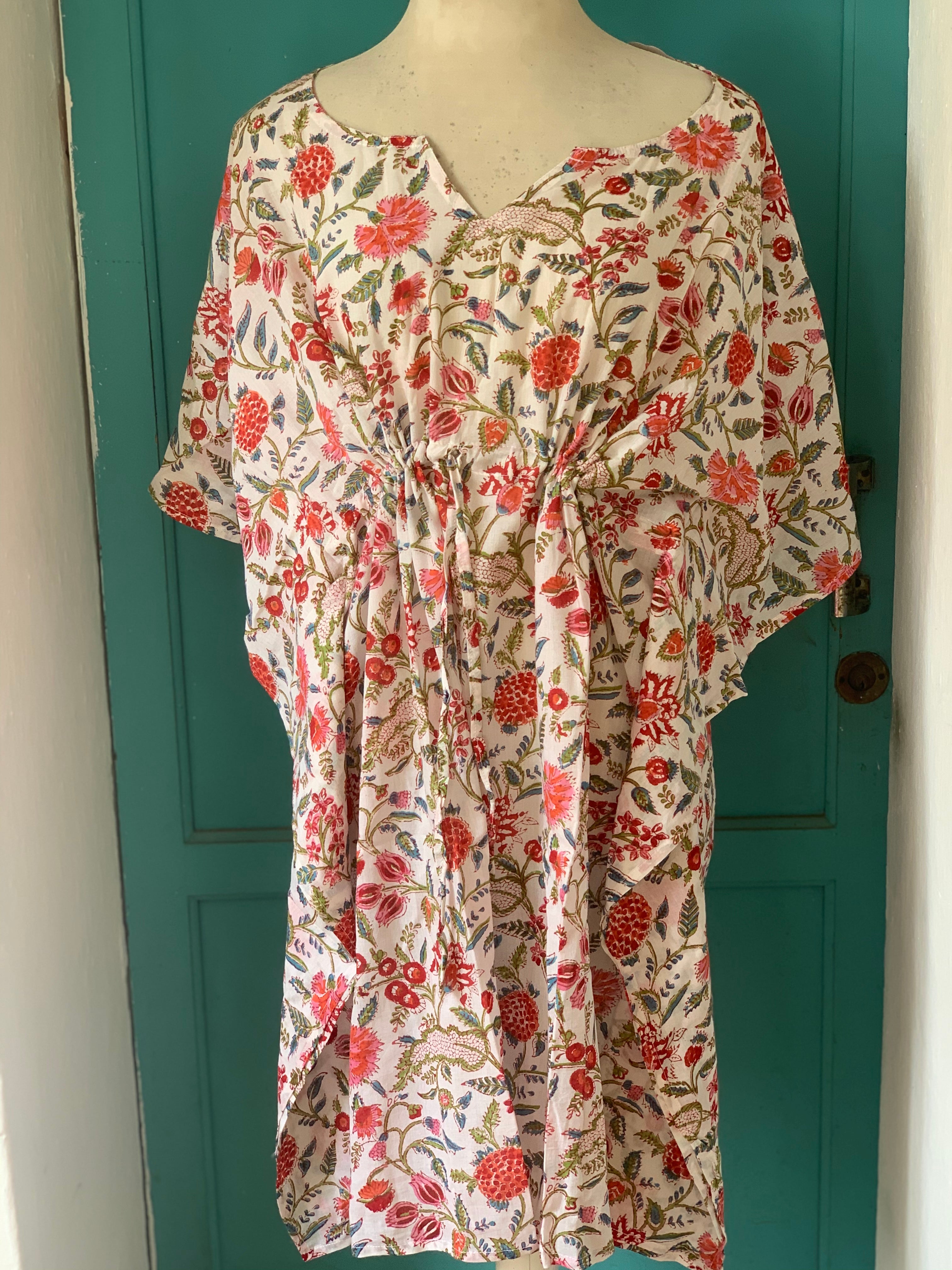Stylish Short Kaftan Dress - Free Size Happy Block Print Design - Perfect for Beach, Vacation & Summer Outfits