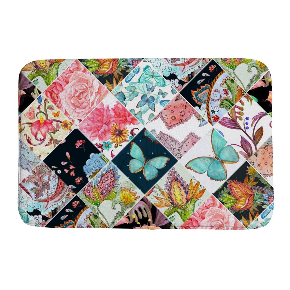 Non-Slip Bath Rug - Ultra Absorbent Coral Velvet Bathroom Mat with Memory Foam, Machine Washable, Pink Floral Green Butterfly Patchwork Design (23.6