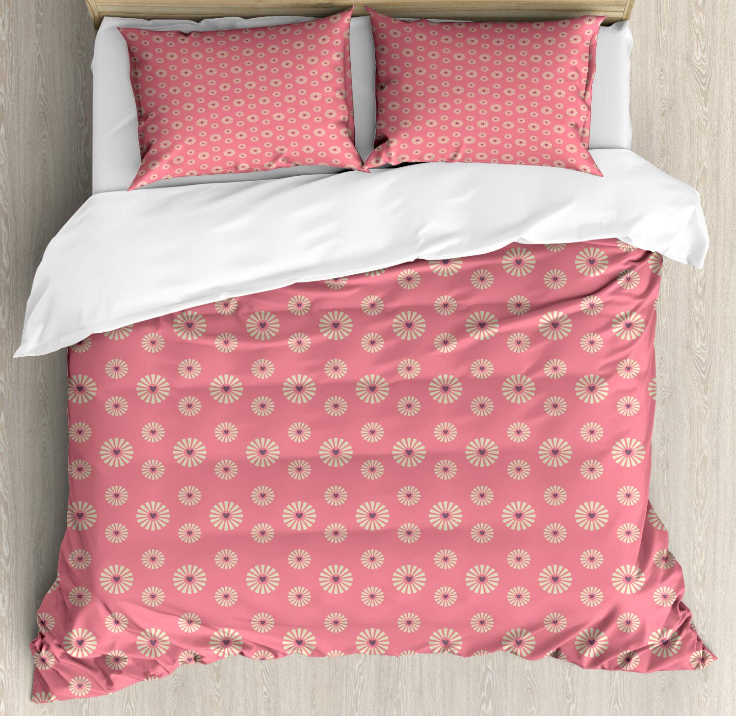 Ambesonne Floral Duvet Cover Set - Romantic Love Theme with Flowers & Hearts, 3-Piece King Size Bedding Set in Pale Yellow & Pink | Perfect for Master Bedroom, Guest Room & Romantic Getaways