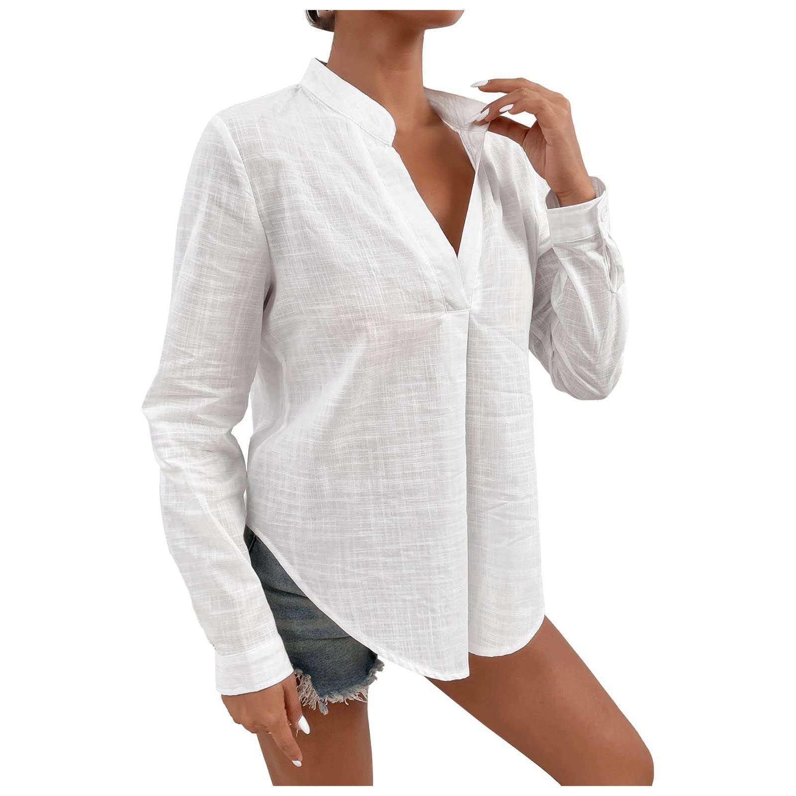 Women's Red V-Neck Sweatshirt - Cotton Linen Long Sleeve Stand Collar Blouse | Casual Wear, Fall Fashion, Workout Top & Everyday Comfort