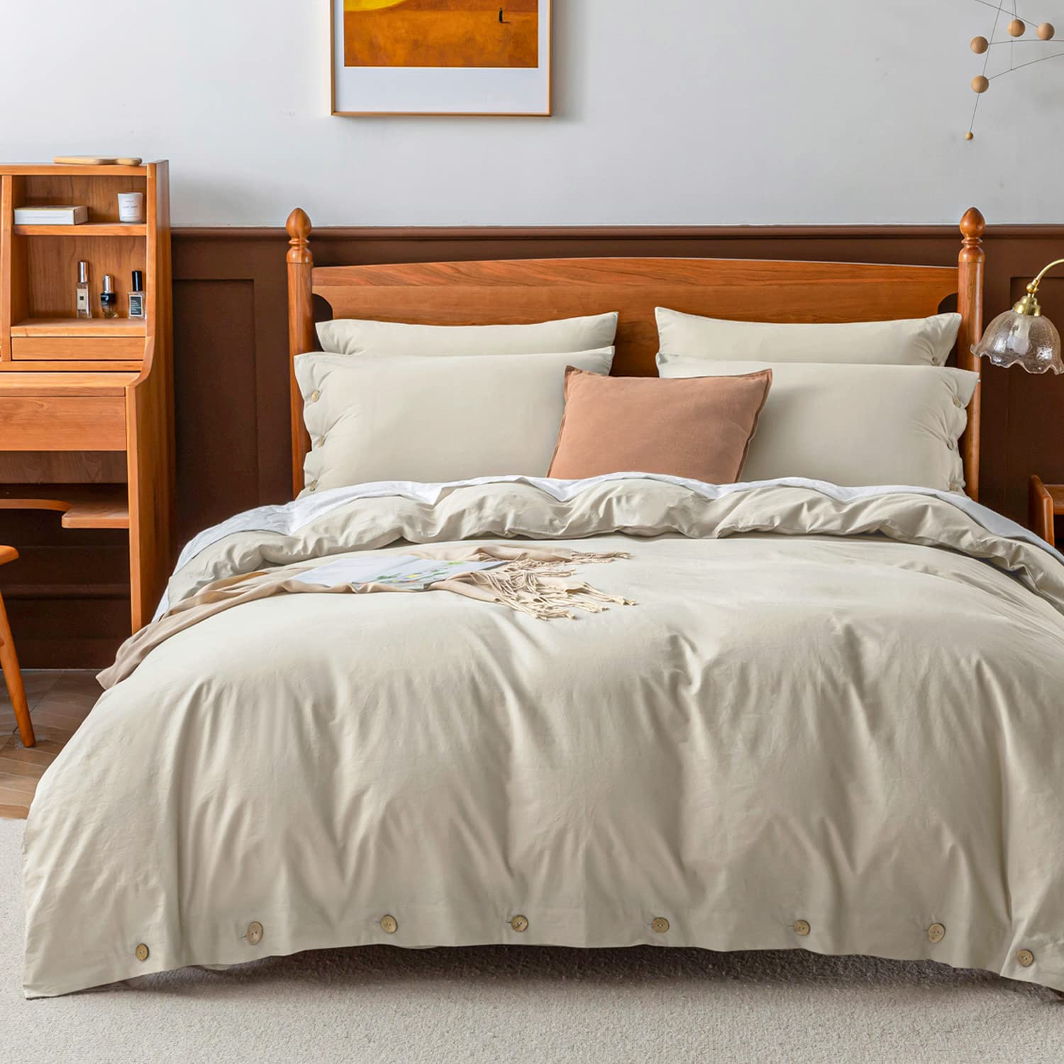 JELLYMONI 100% Washed Cotton Duvet Cover Set - Soft Cream Grey Linen-Like Textured Bedding with Button Closure, Twin Size (2pc, No Comforter) | Perfect for Cozy Bedrooms, Guest Rooms & Minimalist Home Decor