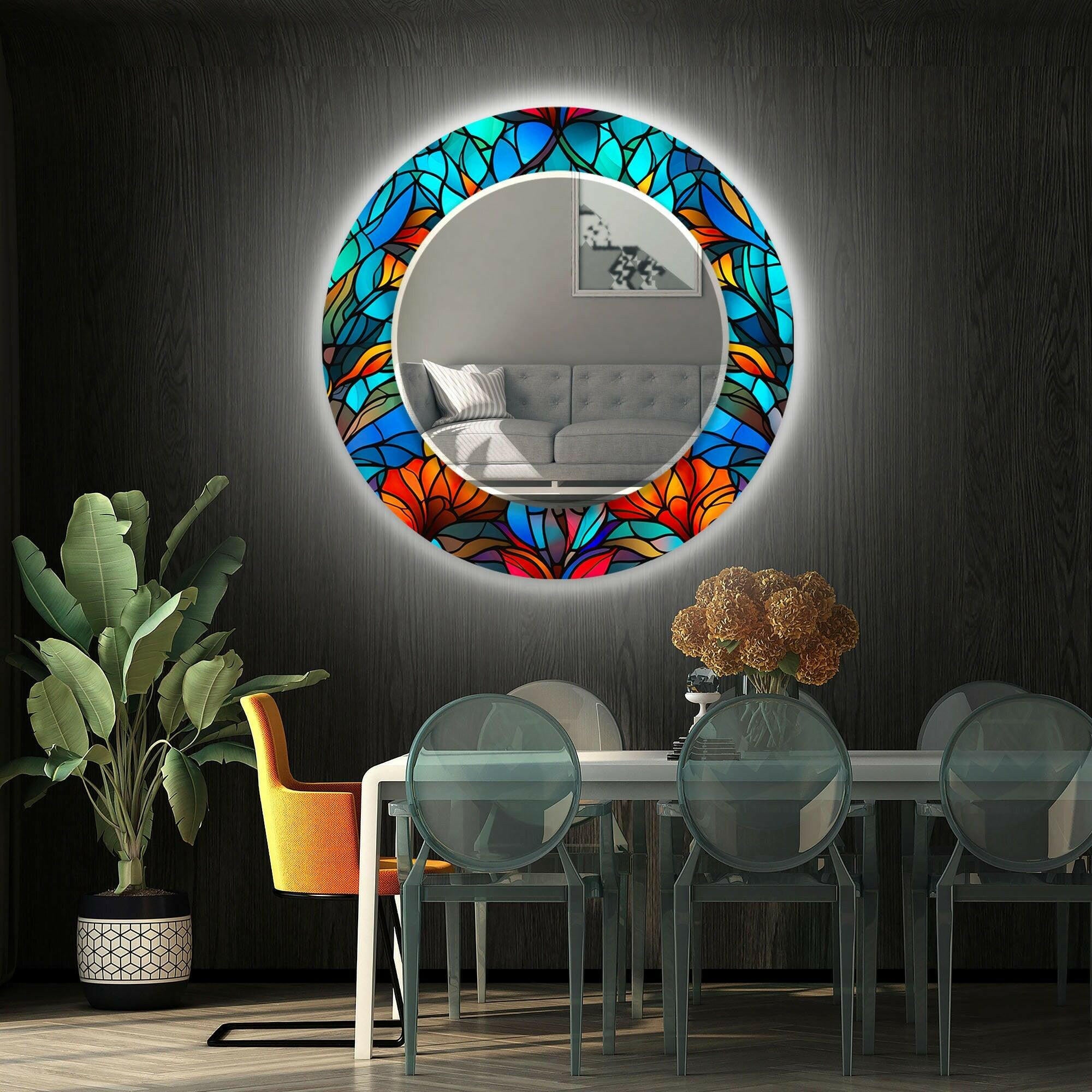 Blue Orange Leaf Wall Mirrors - Decorative Round Mirror for Living Room, Bedroom, Bathroom - Boho Home Decor Accent Piece