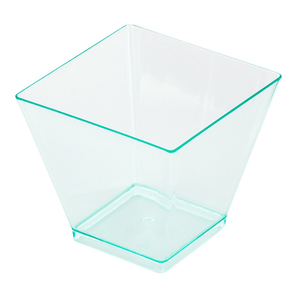 100 Pack 2 oz Square Seagreen Plastic Mini Kova Cups & 100 Silver Plastic Mini Forks - Perfect for Party Favors, Baby Showers, Wedding Receptions, and Dessert Serving
