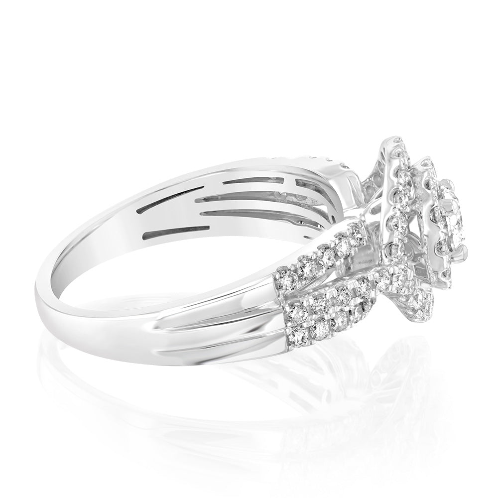 14K White Gold 1 Carat Round Brilliant Cut Diamond Solitaire Engagement Ring with Double Halo Setting - Perfect for Proposals, Anniversaries & Special Occasions