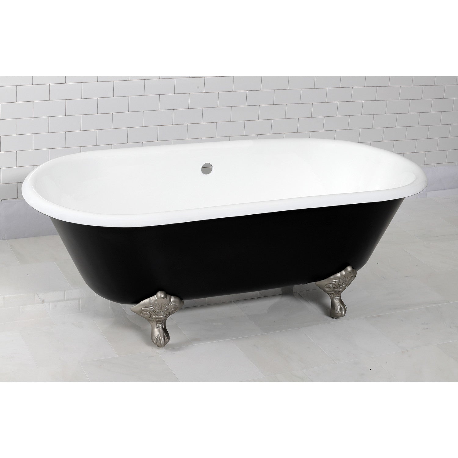 Aqua Eden 66 Inch Cast Iron Clawfoot Bathtub - Oval Double Ended Freestanding Soaking Tub (No Faucet Drillings) in Black/White/Brushed Nickel - Perfect for Vintage Bathroom & Luxury Spa Retreat