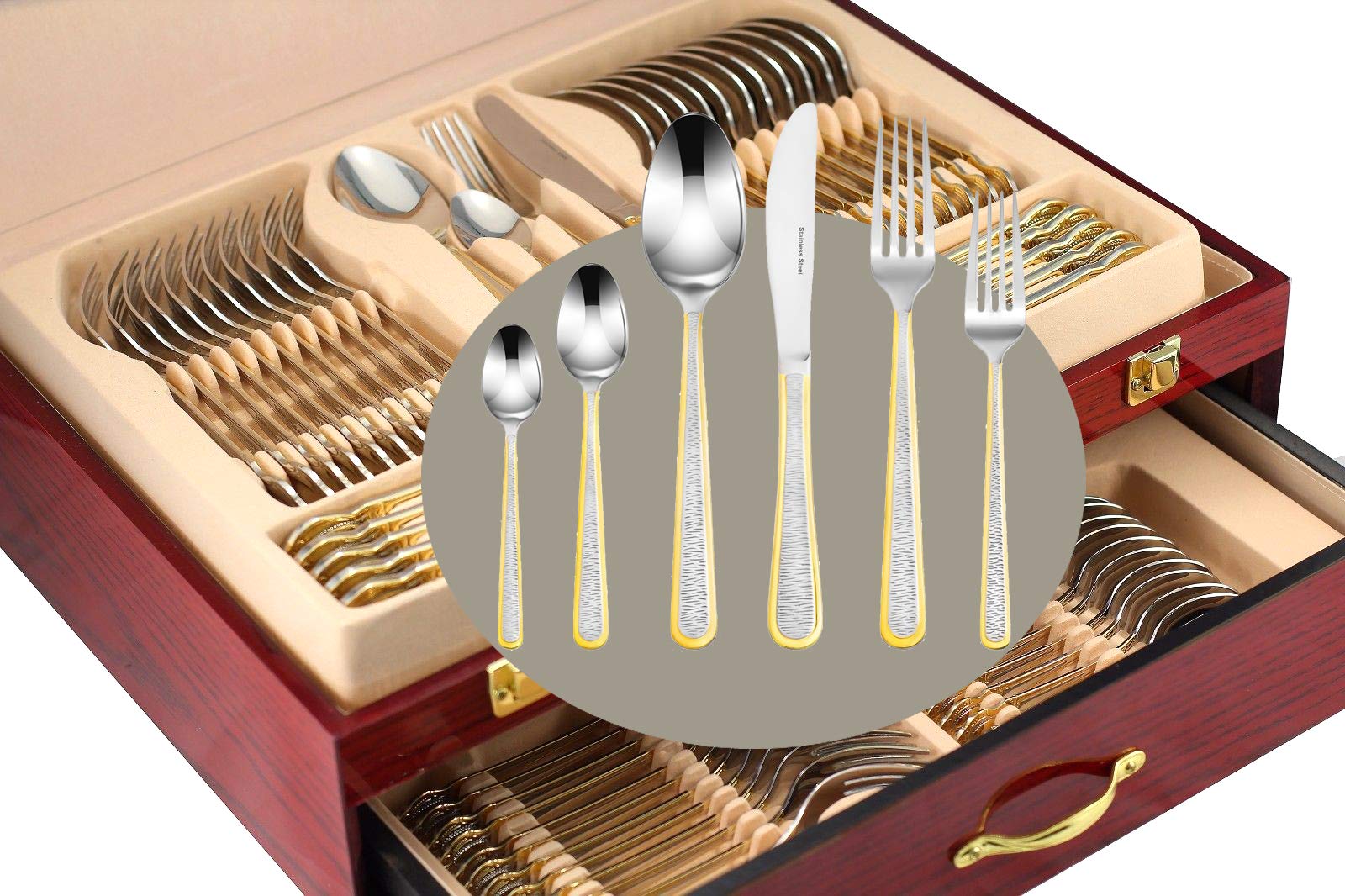 Venezia Collection 75-Piece Gold Flatware Set for 12 - 24Kt Gold Plated 18/10 Surgical Stainless Steel Luxury Silverware Cutlery with Wooden Storage Case - Perfect for Formal Dining, Wedding Gifts & Hostess Entertaining