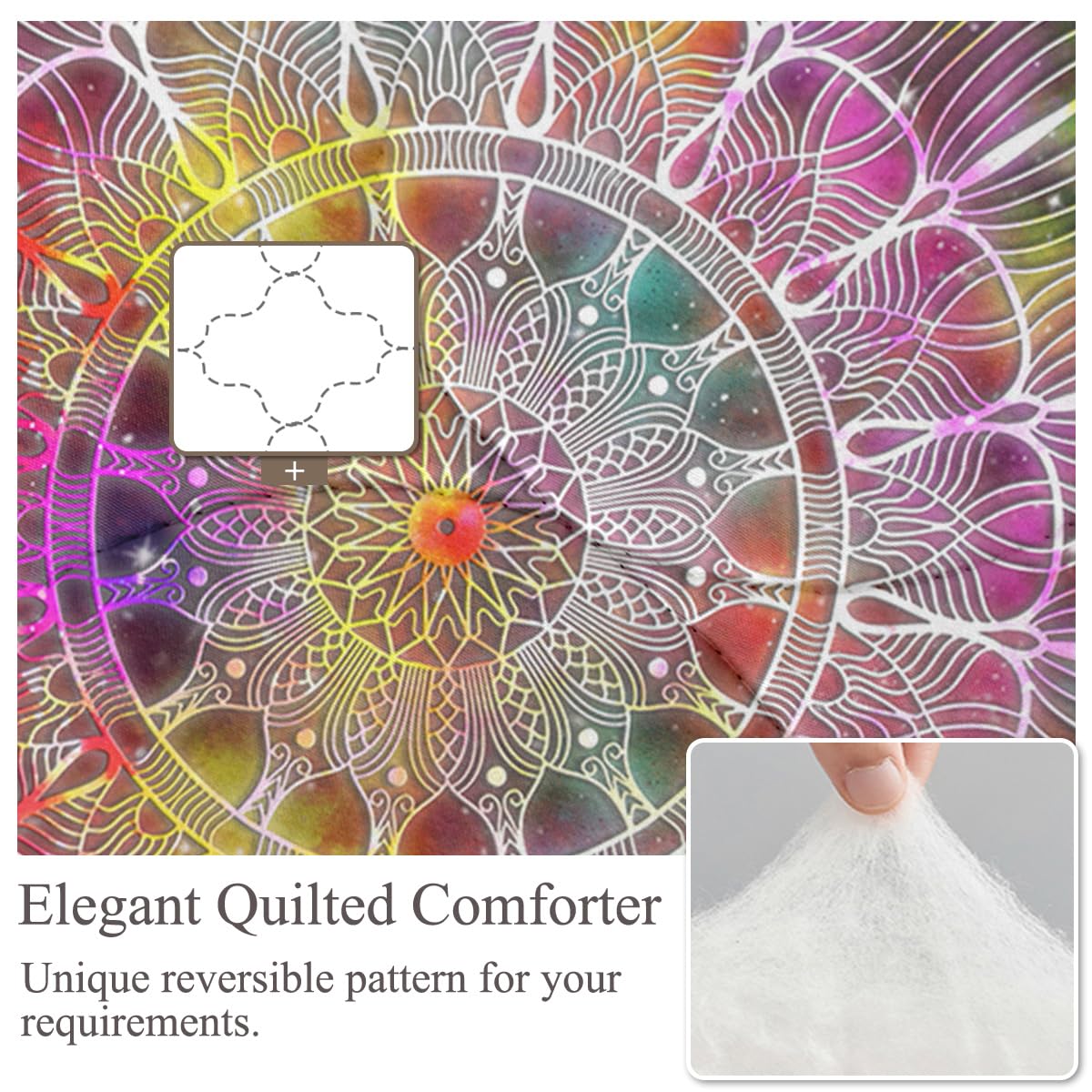 Boho Abstract Mandala Queen Comforter Set - Lightweight Bohemian Galaxy Quilt with Sparkle Stars, Psychedelic Bedspread (Purple) - Perfect for Bohemian & Hippie Bedroom Decor, Dorm Room, or Guest Room