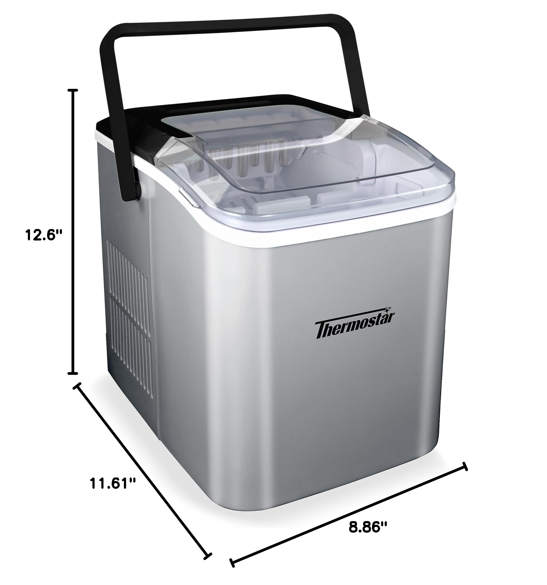 Nostalgia Thermostar Automatic Self-Cleaning Portable Electric Countertop Ice Maker - 26 lbs/24H with Ice Scoop & Basket - Compact Silver Ice Machine for Home, Office, RV - Perfect for Cocktails, Sodas, Water Bottles & Party Drinks