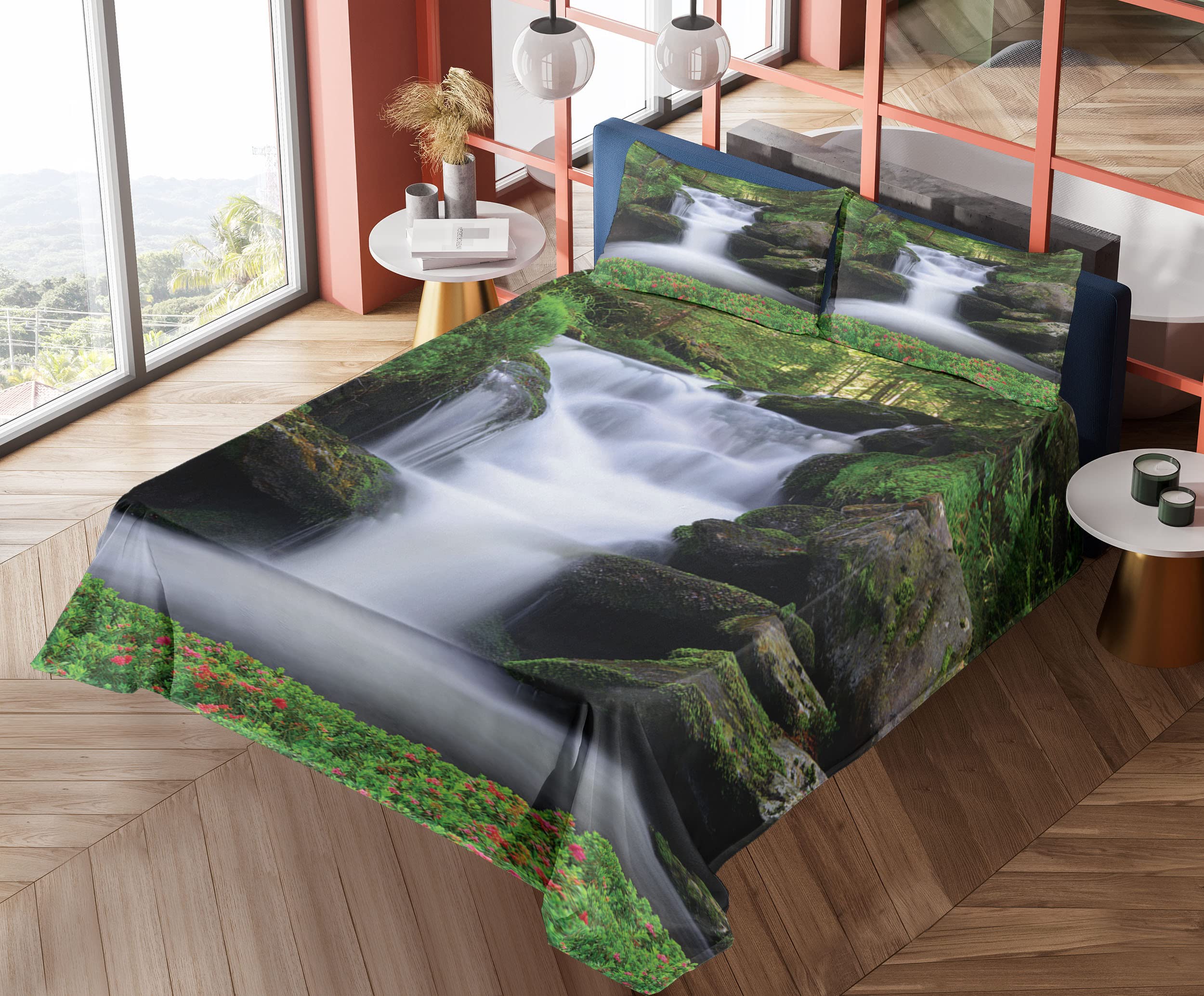 Ambesonne Waterfall King Size 4-Piece Sheet Set - Green & White Forest Floral Print, Fitted & Flat Sheets with Pillowcases | Nature-Inspired Bedroom Decor for Cozy Retreats & Spa-Like Relaxation