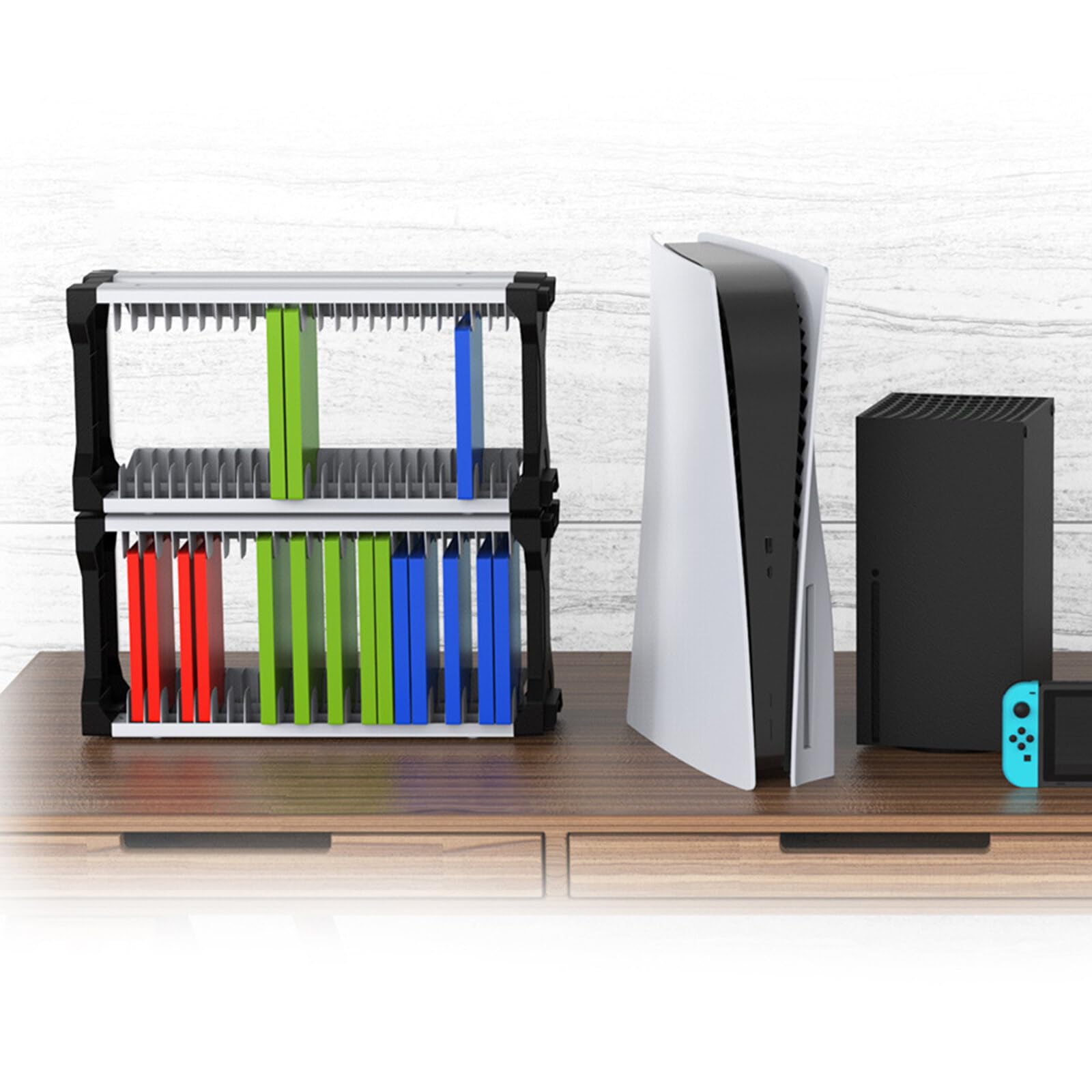 iFCOW PS5 Game Storage Tower - Organizer Stand with 2 Hooks Holds 23 Game Discs - Perfect for PS5 Console Accessories & Living Room Organization