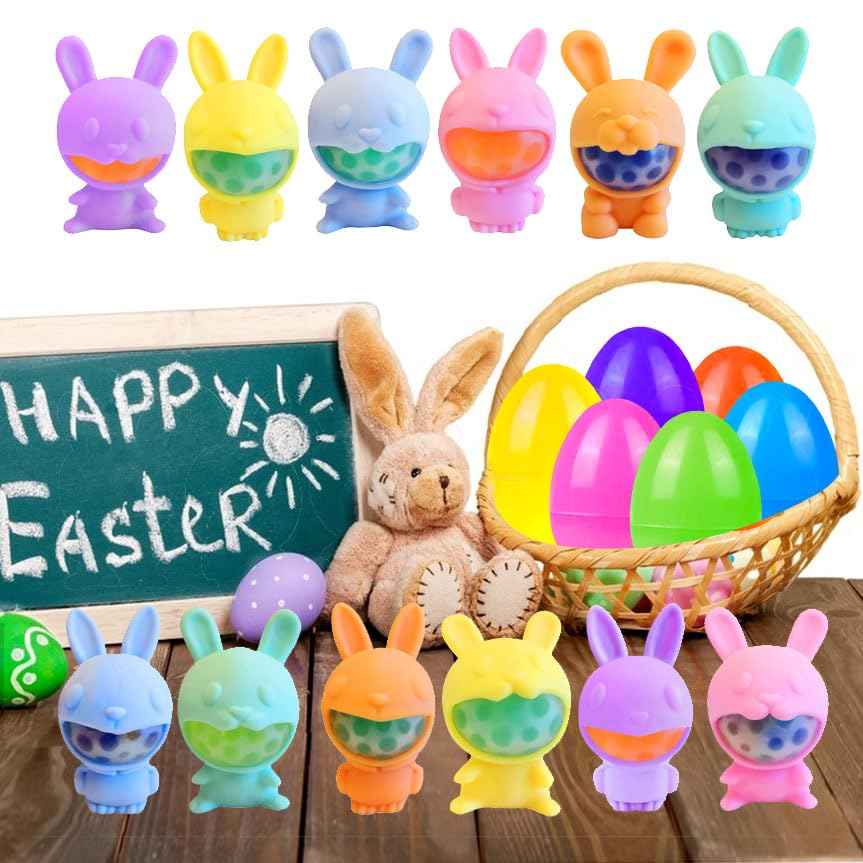 12 Pack Prefilled Easter Eggs with Rabbit Bubbles Squeeze Toys - Anti-Stress Anxiety Relief Toys for Kids & Adults - Perfect for Easter Basket Stuffers, Egg Fillers, Party Favors & Classroom Rewards