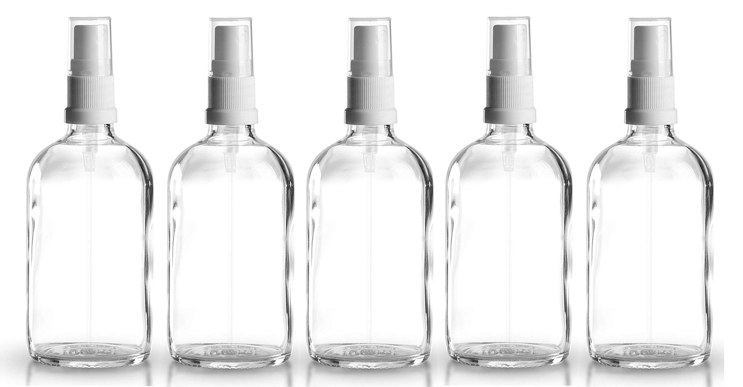 5-Pack 100ml Clear Glass Spray Bottles with White DIN 18 Pump Sprayer & Transparent Cap - Pharmacy Quality, European Pharmacopeia Standard - Perfect for Essential Oils, DIY Beauty Products & Home Cleaning Solutions