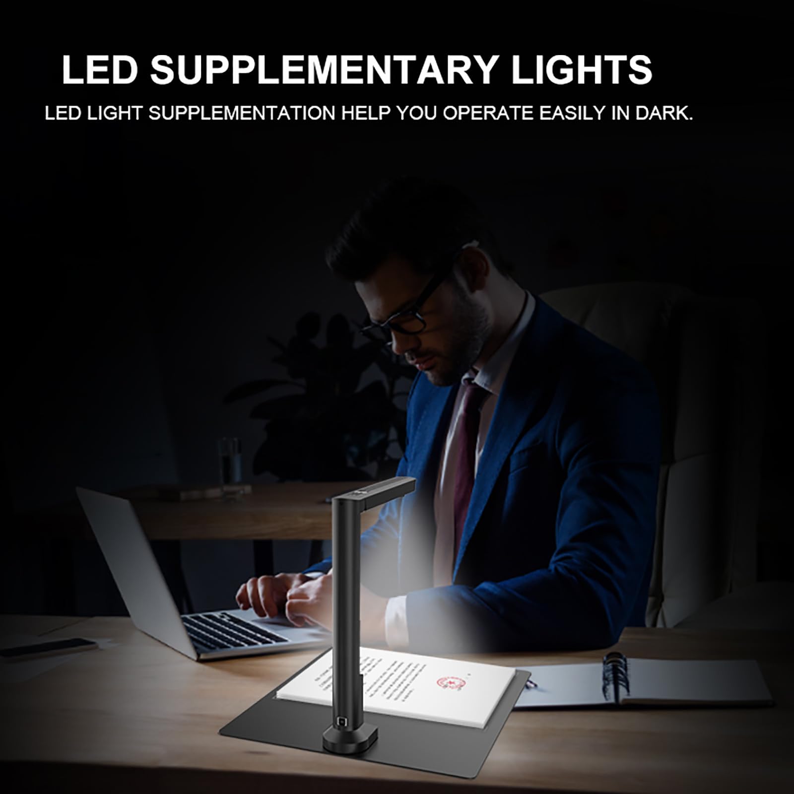 Portable A4 Document & Photo Scanner with 2 LED Lights - 1600W High Resolution, 1 Second Fast Scanning - 3-Level Fill Light Mode for Books, ID Cards, Magazines & Pictures - Perfect for Office, Home & Travel Use