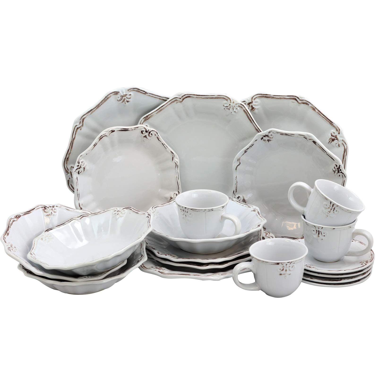 20-Piece White Textured Stoneware Dinnerware Set with Beveled Edge - Microwave Safe, Dishwasher Safe - Perfect for Casual Dining, Family Gatherings & Everyday Use