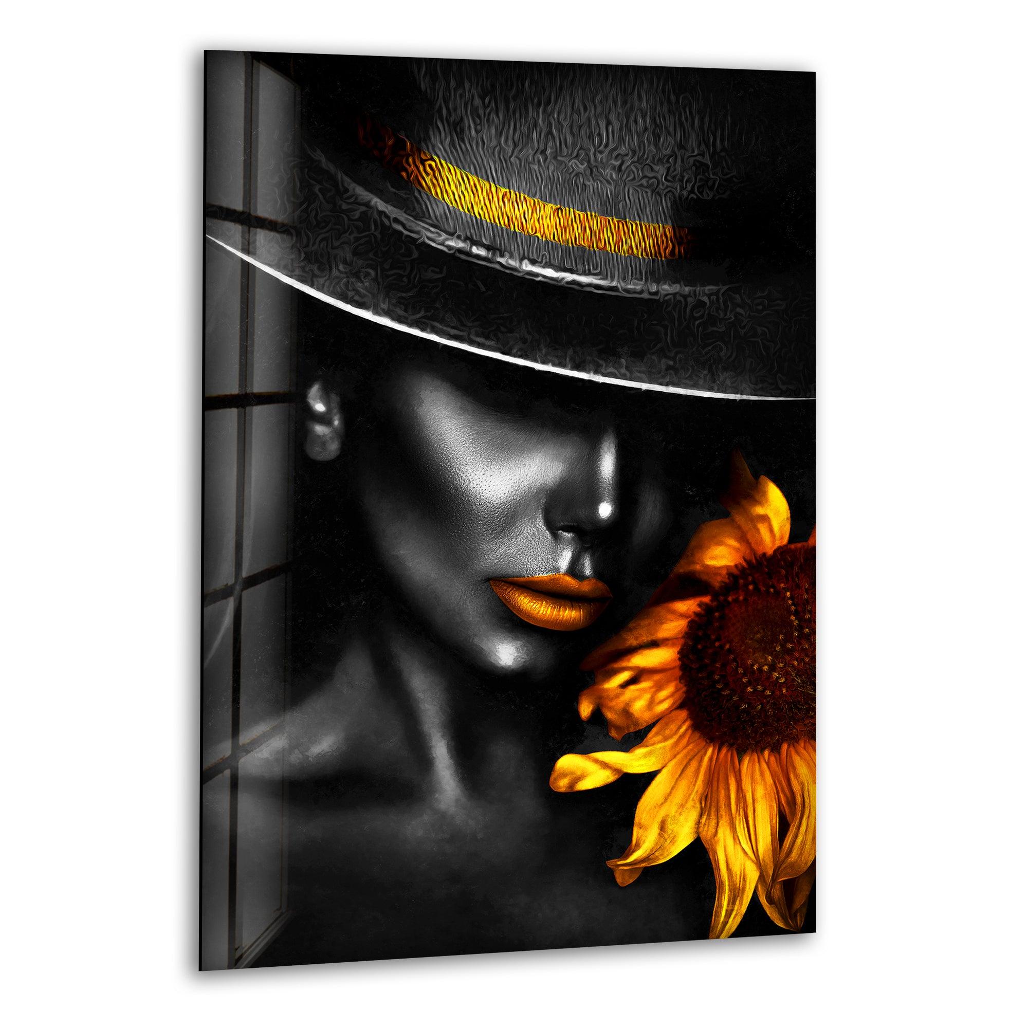 Black Woman and Sunflower Glass Wall Art - Elegant Home Decor for Living Room, Bedroom & Office - Perfect Gift for Housewarming, Birthday & Mother's Day