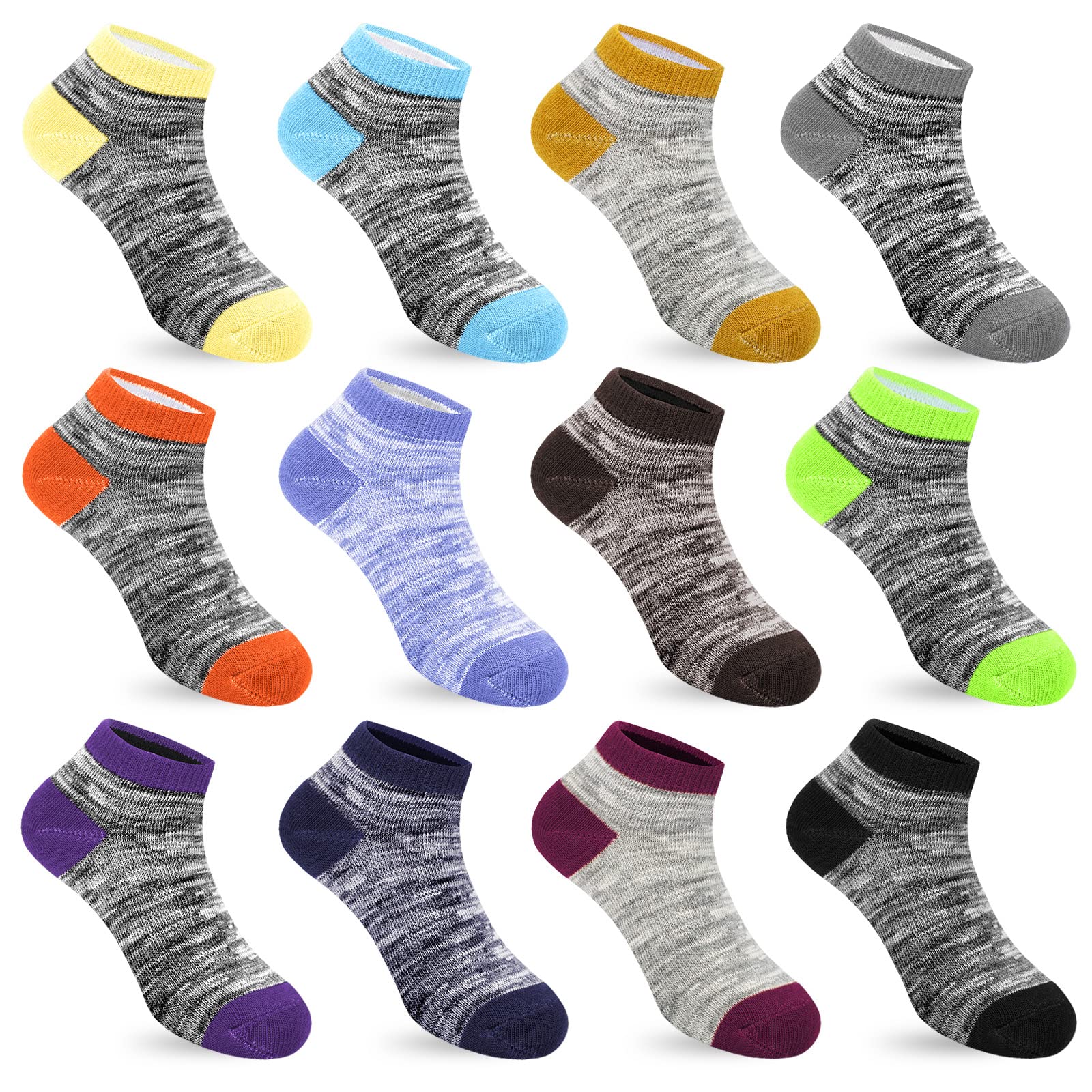 Auranso 12 Pairs Kids Breathable Athletic Ankle Socks for Boys & Girls - Soft Cotton Low Cut Socks for Sports, Running, School & Daily Wear