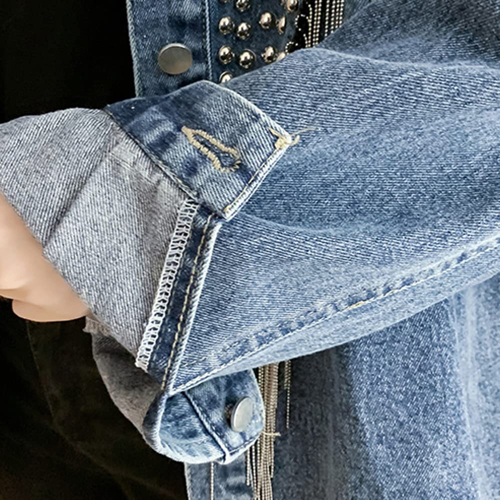 Diffstyle Women's Long Sleeve Embroidered Crystal Washed Denim Jacket - Open Front Short Jean Coat for Casual Outfits & Spring Layering