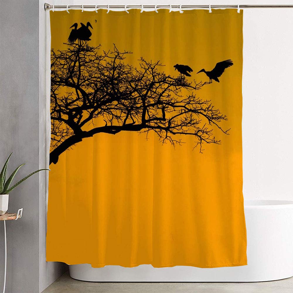 Waterproof Fabric Shower Curtain with Yellow Silhouette Birds & Tree Design - 72 x 78 Inches Bathroom Decor for Nature Lovers | Perfect for Modern, Farmhouse or Bohemian Style Bathrooms