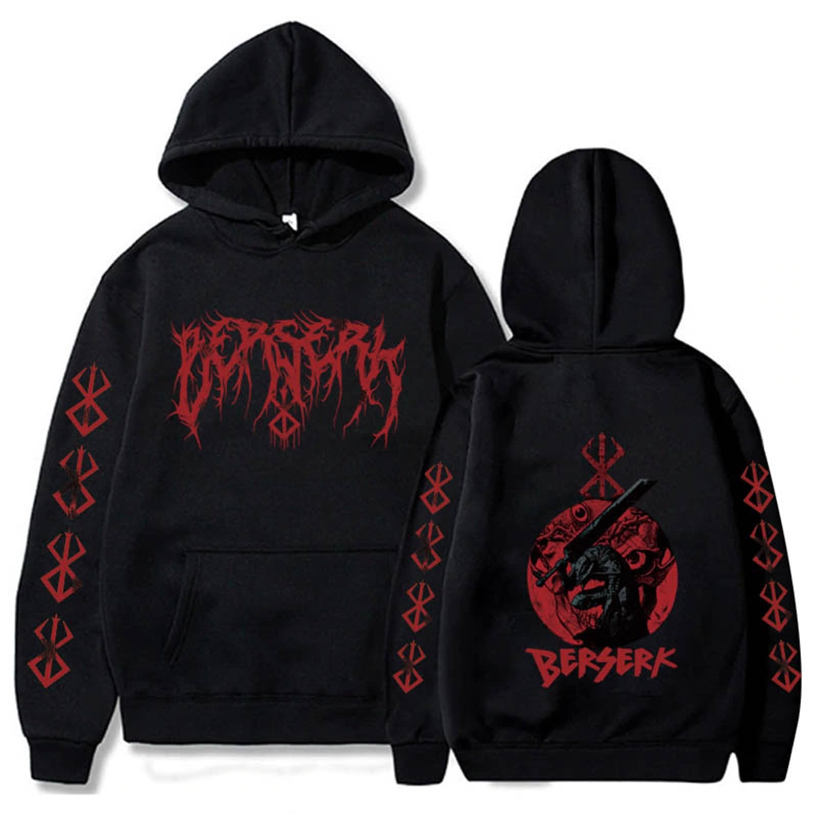 Berserk Manga Guts Print Hoodie for Men & Women - Fosike Oversized Pullover Sweatshirt with Drawstring, Long Sleeve Anime Hooded Jacket (XS-4XL) - Perfect for Cosplay, Anime Conventions & Casual Wear
