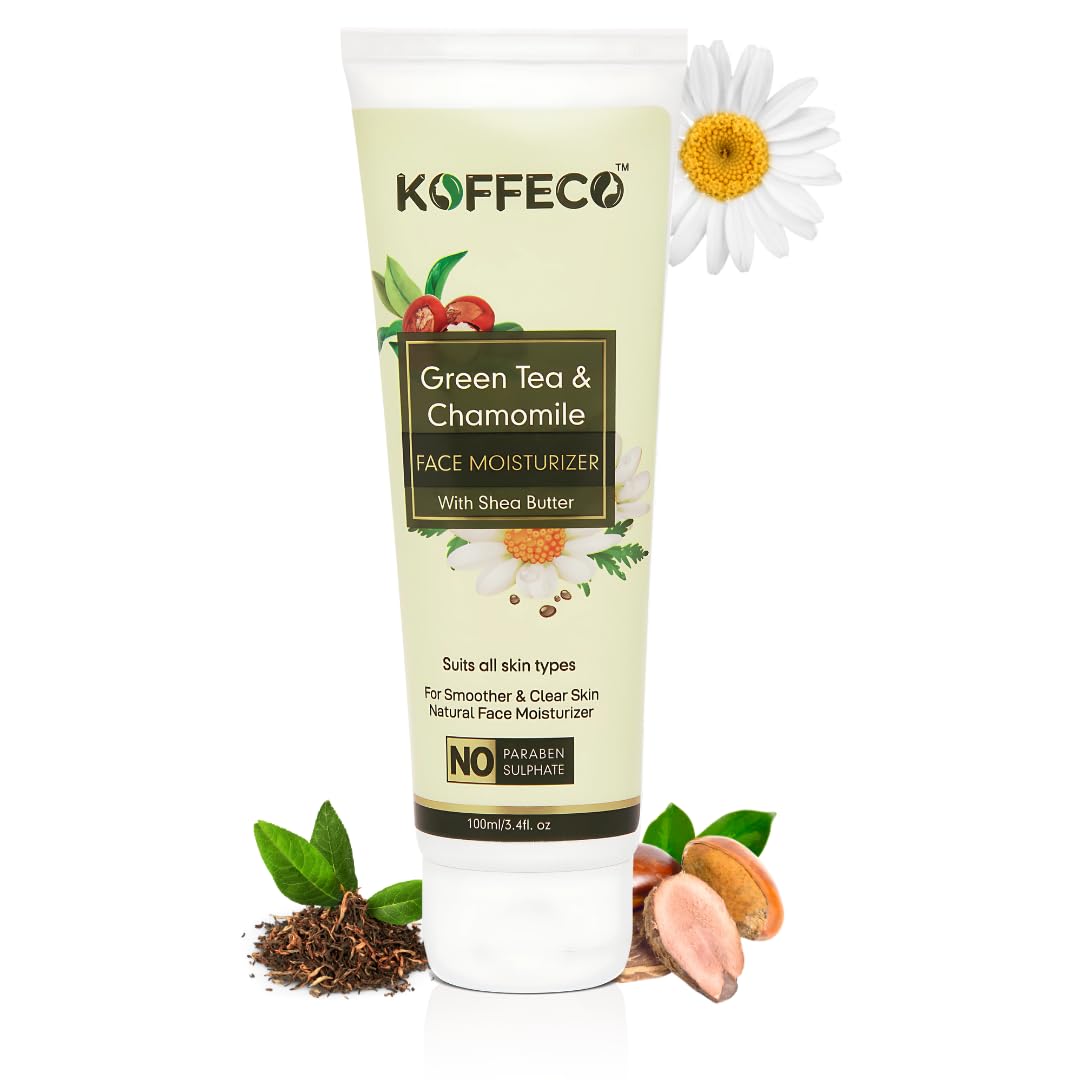 Koffeco 100 ML Green Tea & Chamomile Face Moisturizer for Acne Prone & Oily Skin - Hydrating Face Cream with Shea Butter for Women - Daily Skincare for Clear & Balanced Skin