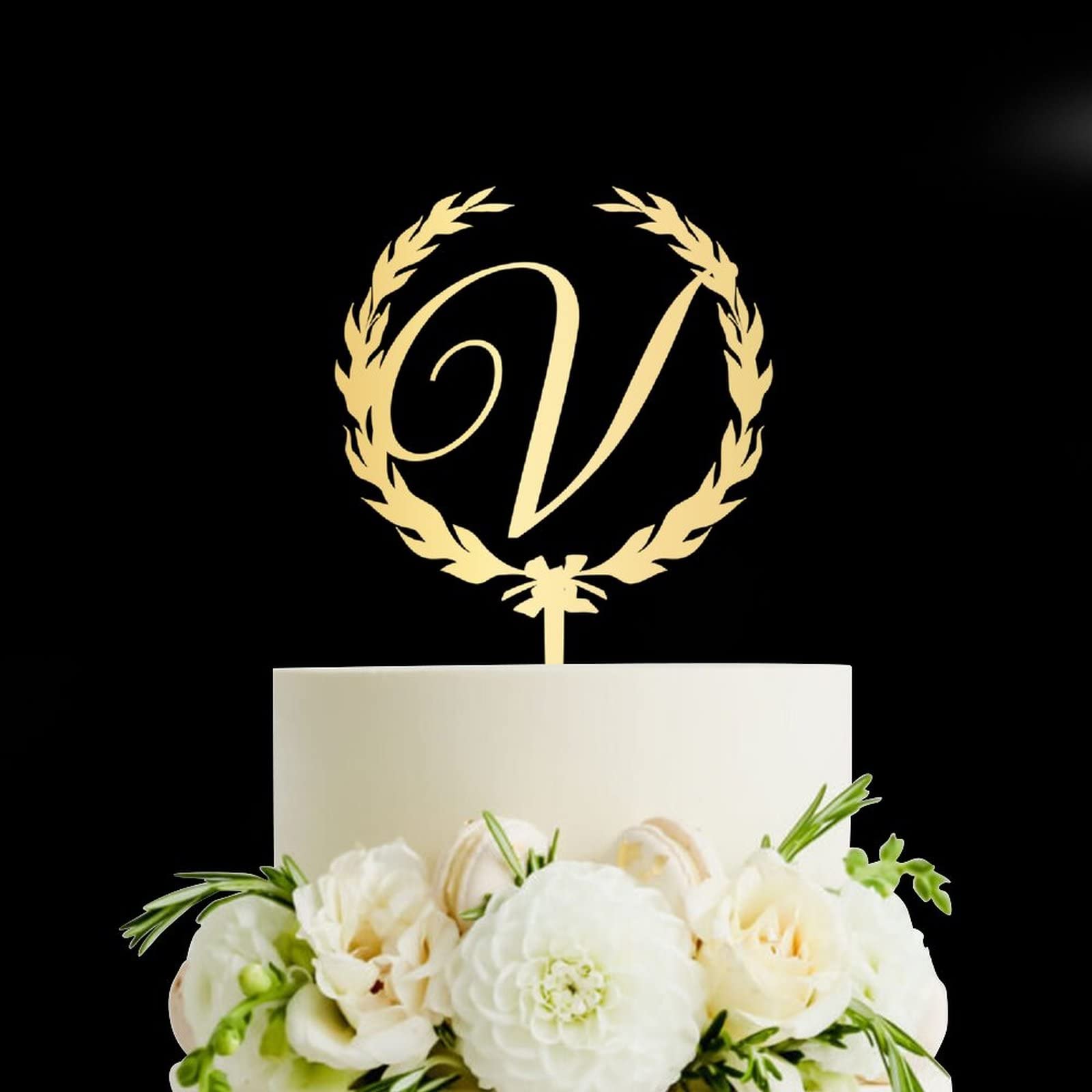 Custom Acrylic Gold Cake Topper with Initial Letter V - Vinisong Personalized Wedding, Anniversary & Birthday Cake Decoration - Perfect for Wreath Cake Decor, Party Supplies & Special Occasions