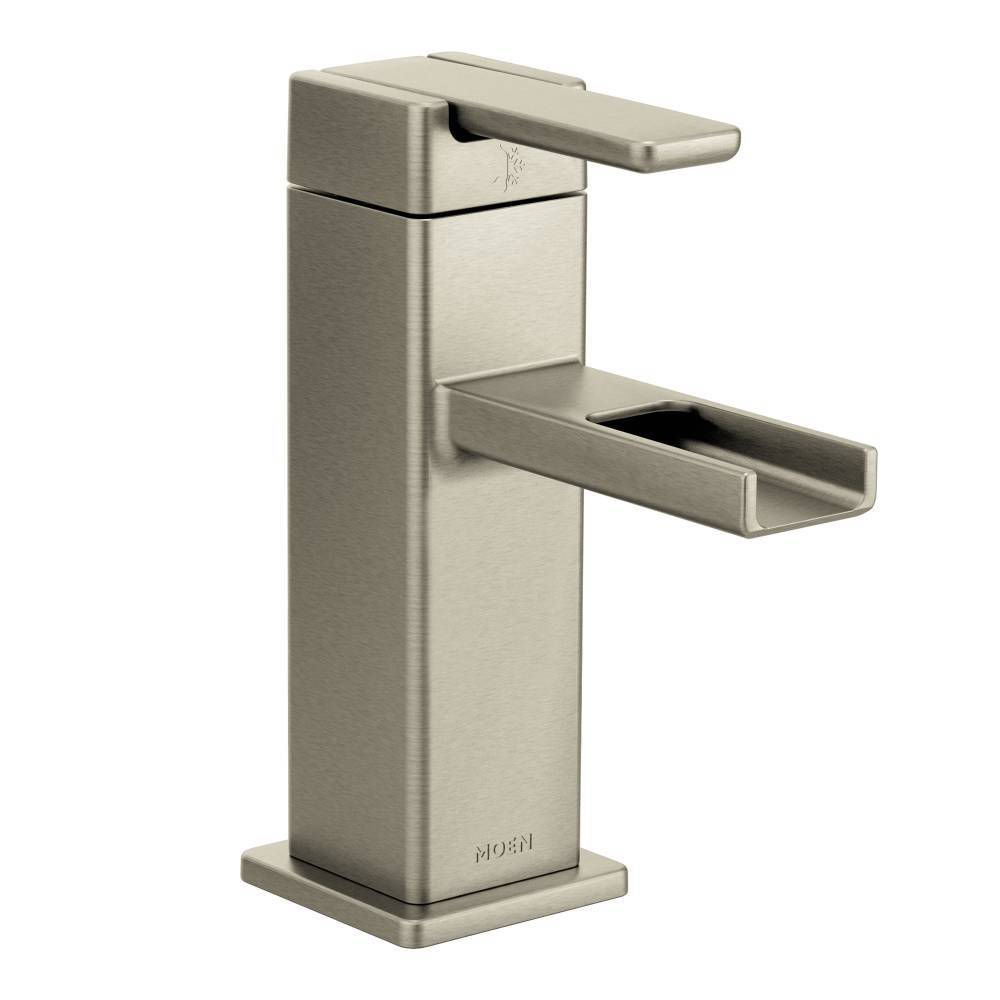 Moen S6705BN 90 Degree Single Hole Bathroom Faucet with Open Trough Spout in Brushed Nickel - Perfect for Modern Bathroom Vanities and Powder Rooms