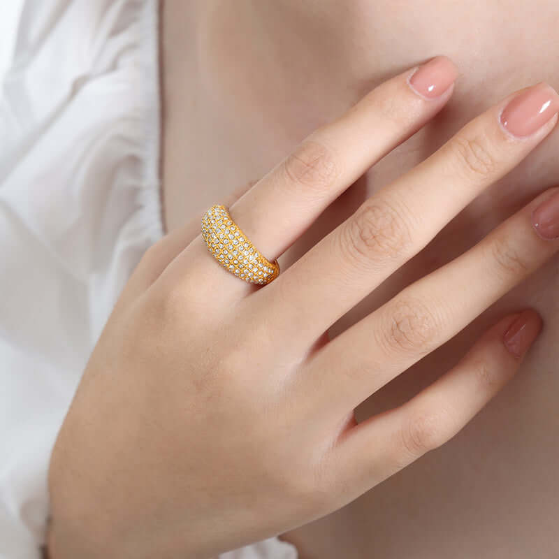 18K Gold Sparkly Pave Dome Ring for Women - Elegant Cubic Zirconia Wedding Engagement Promise Ring - Perfect for Anniversary, Valentine's Day Gift & Special Occasions