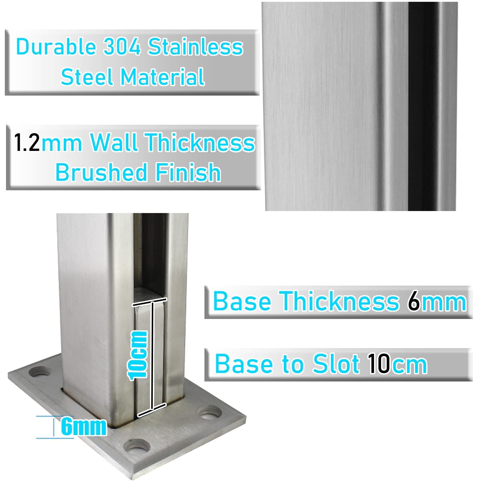 10-12mm Silver Square Glass Panels Plastic Plates Guardrail Clamps - Stainless Steel Base Rail Posts for Attic Staircase, Hotel Patio, Fencing System - Perfect for Home Decoration, Commercial Spaces & Outdoor Safety