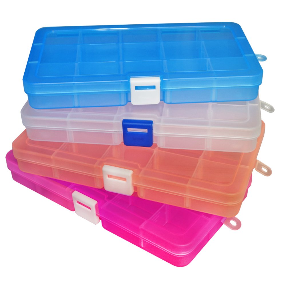 Qualsen 4-Pack Plastic Storage Box with Adjustable Dividers - 15 Grid Craft Organizer for Beads, Fishing Tackle & Office Supplies (4 Colors) | Perfect for DIY, Jewelry Making & Home Organization