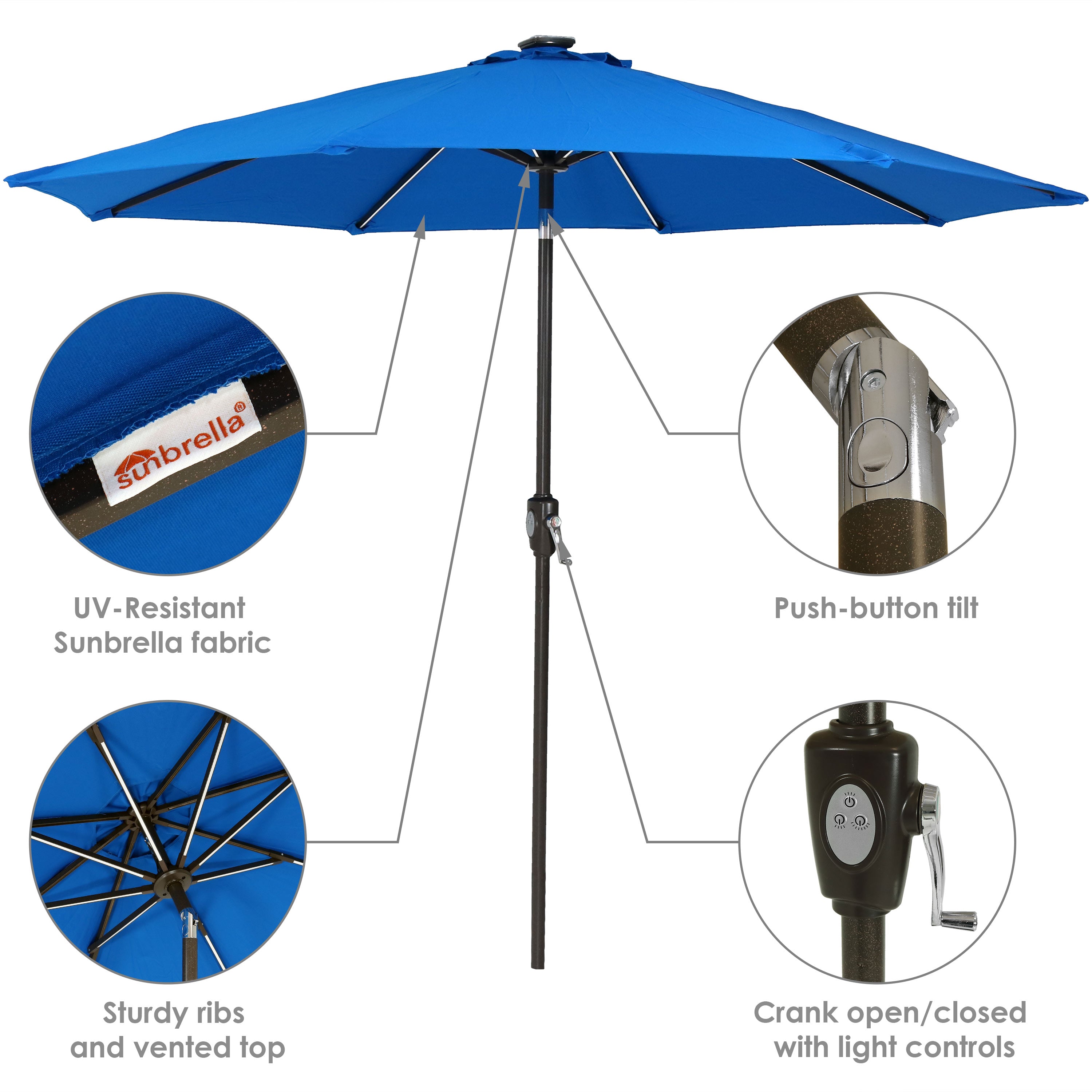 Sunnydaze 9 Foot Solar Sunbrella Patio Umbrella with Push Button Tilt & Crank - Perfect for Poolside, Backyard, and Outdoor Dining Areas