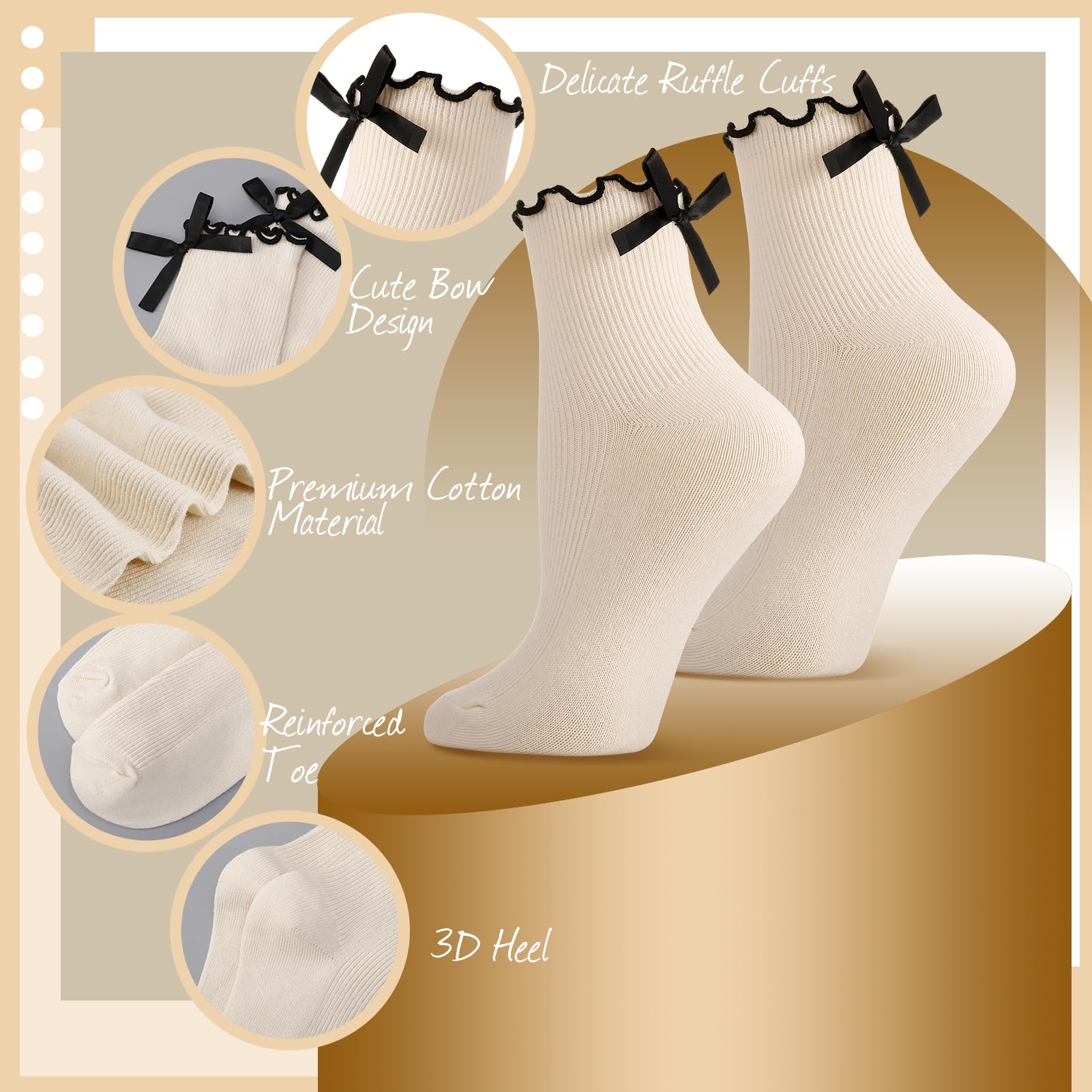 6 Pairs Women's Bow Socks - Cute Ruffle Crew Socks in Black & White - Soft Breathable Cotton Ankle Socks for Casual Wear, Daily Outfits, and Gift Giving