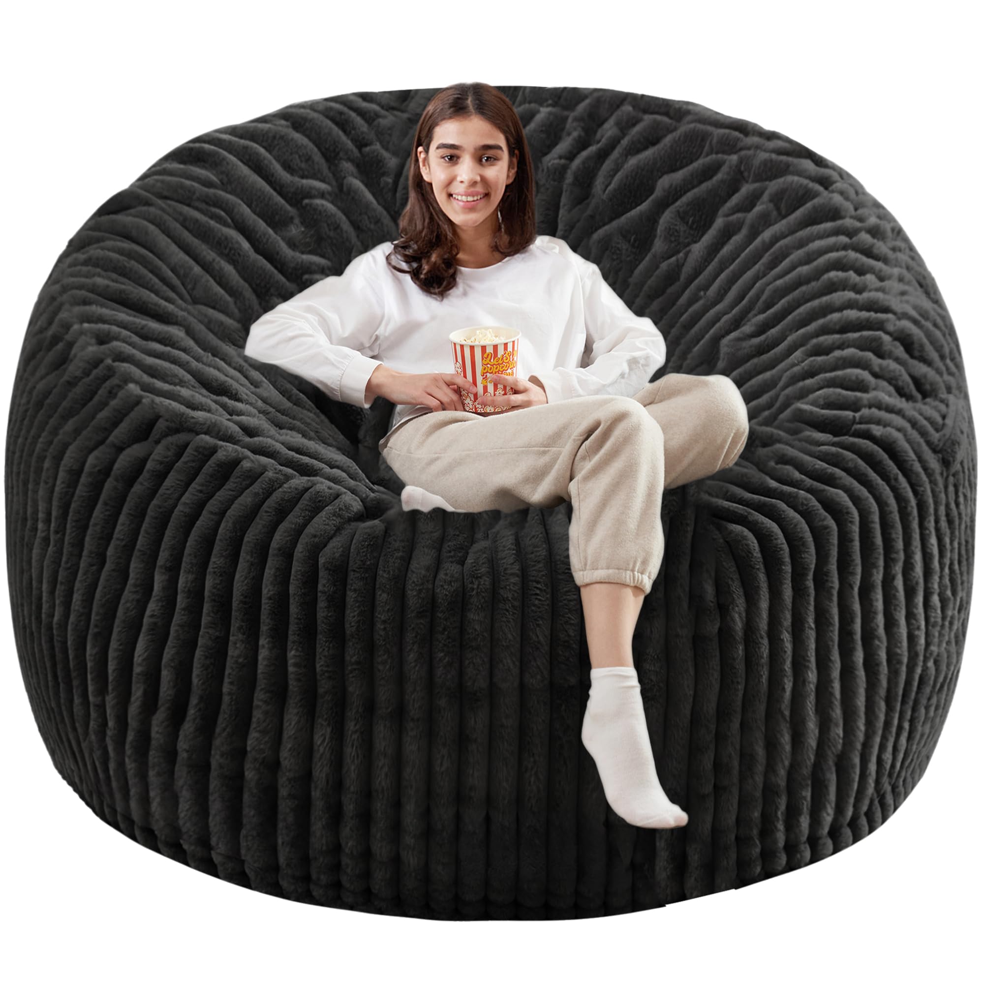 Homguava 6 FT Memory Foam Bean Bag Chair - Giant 6' Soft Plush Sofa with Dutch Corded Cover (Black) - Perfect for Living Room Lounging, Gaming, Movie Nights & Dorm Relaxation