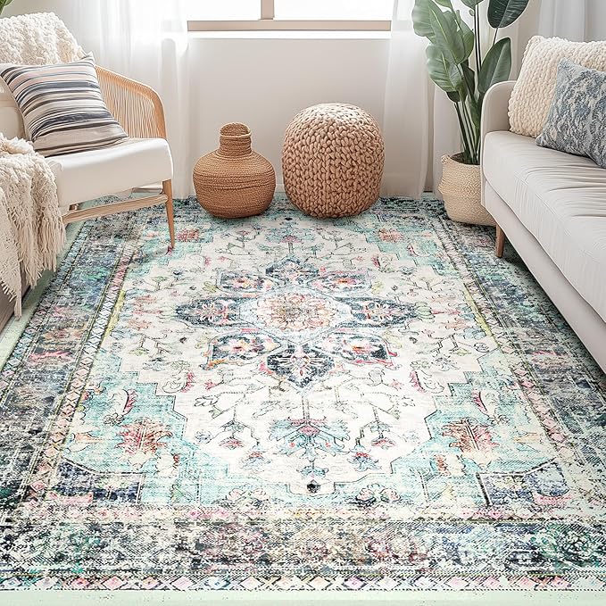 Donier Custom Washable Printed Carpet Runner - Blue & Multi-Color Non-Slip Area Rug for Living Room, Bedroom, Hallway