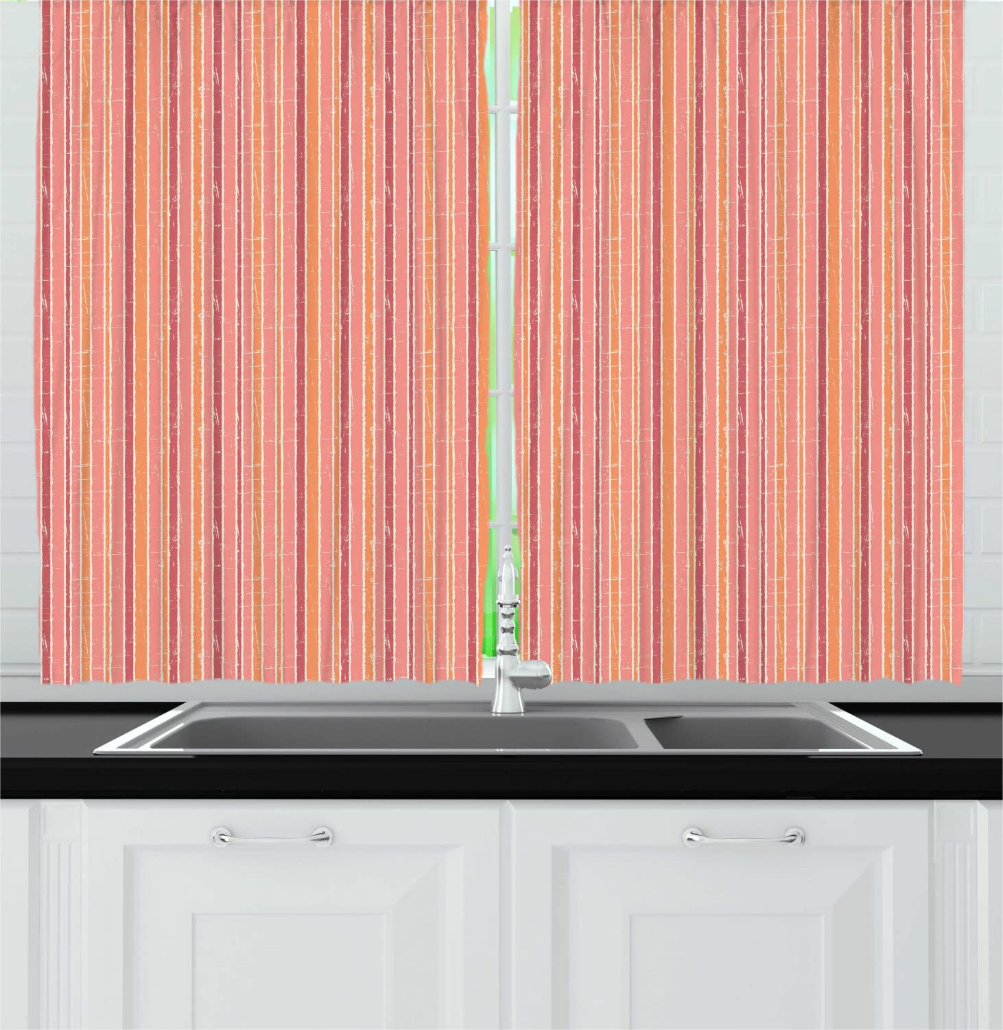 Ambesonne Grunge Long Kitchen Curtains - Abstract Vertical Stripes in Murky Pastel Tones, Geometric Lines Retro Design, 2 Panel Drapes with Rod Pocket (55x45 inches, Salmon Pale Orange Pink) - Perfect for Vintage Style Kitchens, Dining Rooms & Farmhouse Decor