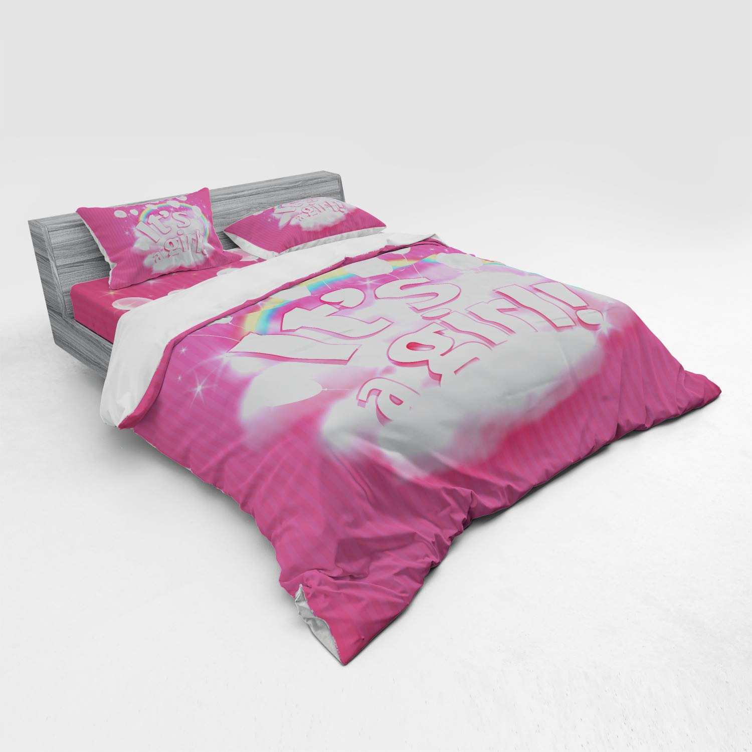 Ambesonne Pink Bedding Set - Modern Striped Blush Duvet Cover with Cloudy Rainbow & Balloon Design, 3-Piece King Size Set Includes Sham & Fitted Sheet | Perfect for Girls' Bedrooms, Guest Rooms & Boho Chic Home Decor