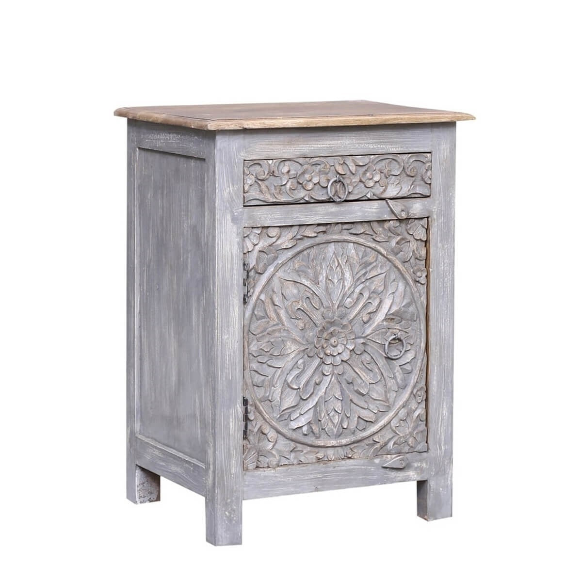 Hand Carved Reclaimed Wood Side Table with Single Drawer - Rustic Indian Design for Living Room, Bedroom & Office Decor