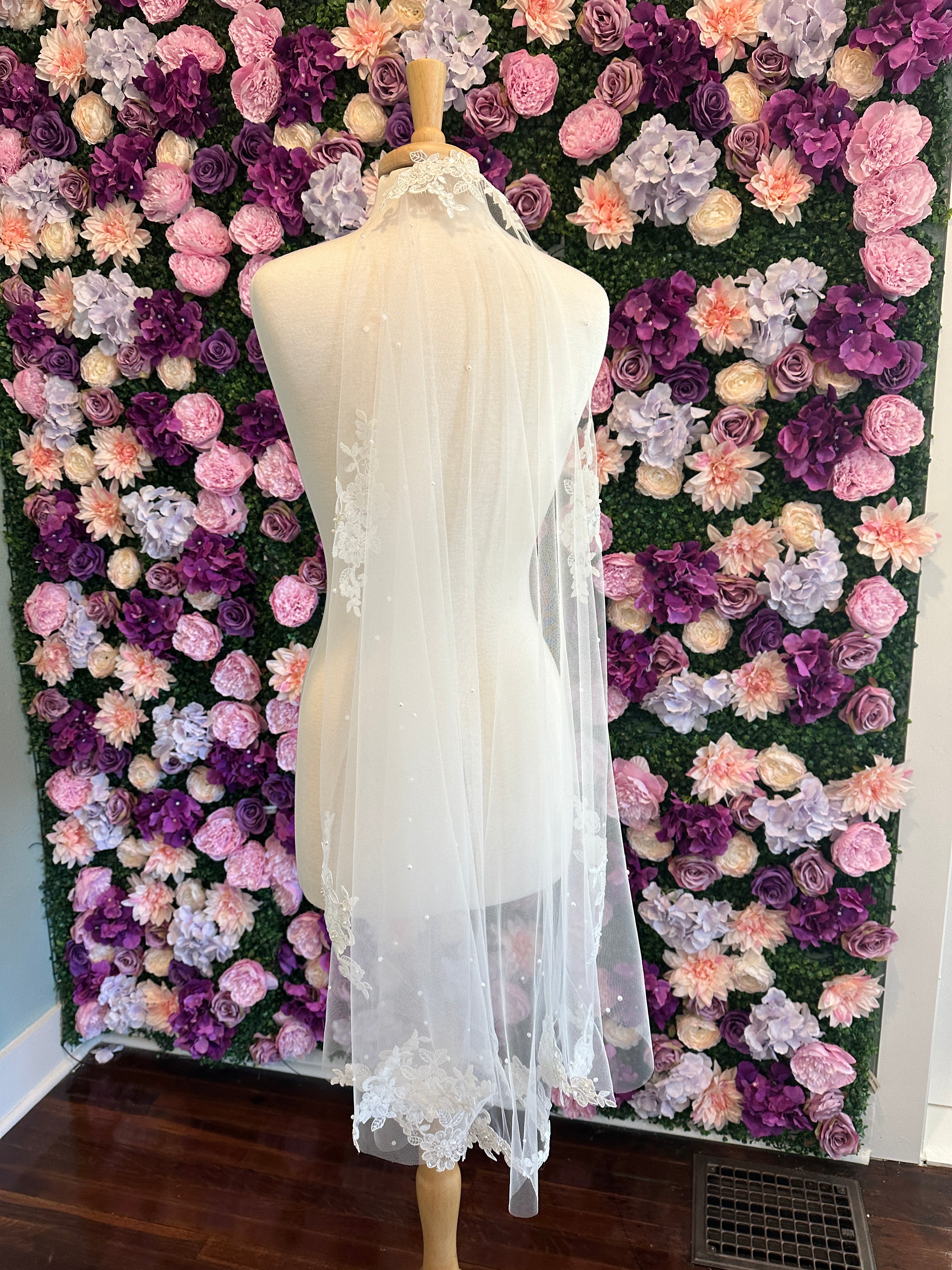 Elegant Sydney Sheer Lace Pearl Mantilla Wedding Veil - Perfect for Bridal Ceremony, Church Wedding & Formal Occasions