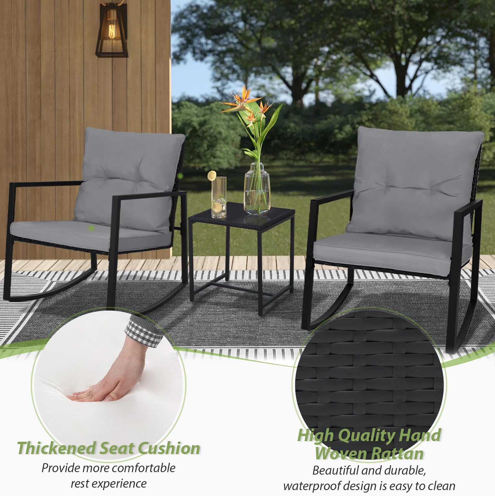 SUNCROWN 3-Piece Outdoor Rocking Bistro Set - Black Wicker Patio Furniture with Glass Coffee Table, Dark Grey - Perfect for Porch, Garden, and Backyard Relaxation