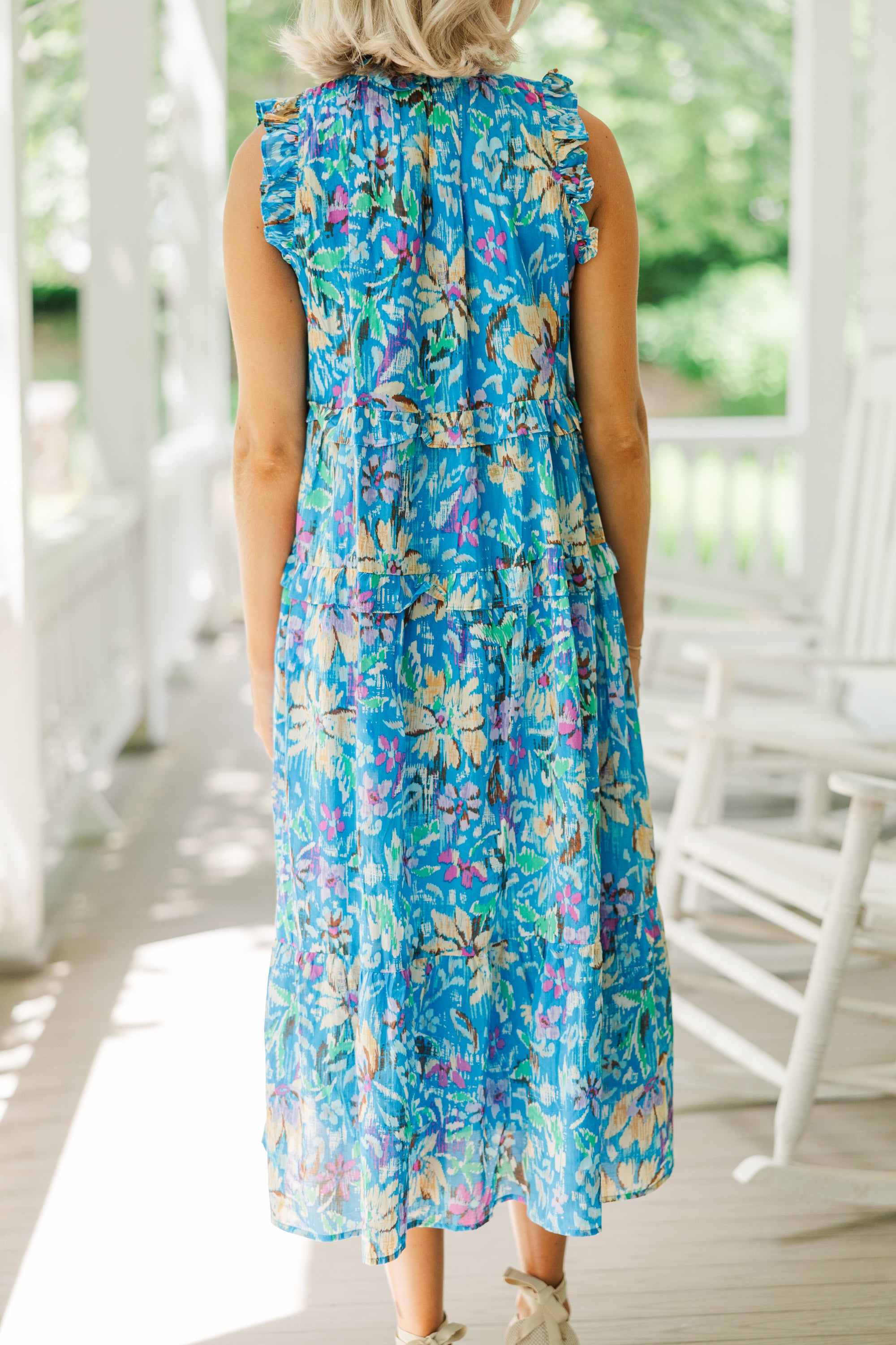 Fate: Start The Day Blue Floral Midi Dress - Women's Summer Floral Print Dress with Puff Sleeves for Casual Wear, Beach Vacation, and Date Nights