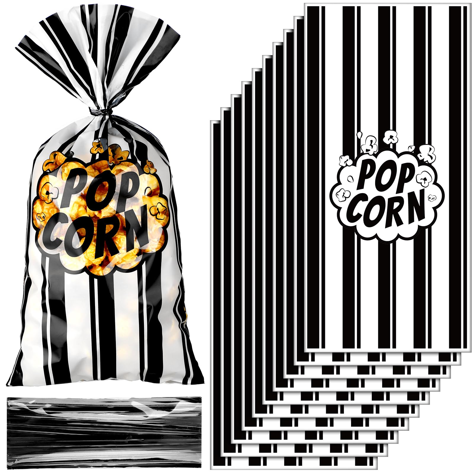 200pcs Popcorn Bags for Movie Night & Parties - Black White Stripe with Twist Ties
