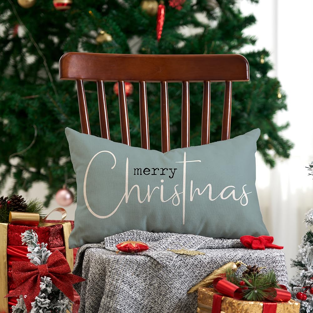 Merry Christmas Pillow Covers - 12x20 Inch Decorative Throw Pillow Covers for Sofa, Cotton Linen Blend, Beige Holiday Home Decor - Perfect for Living Room, Bedroom & Christmas Party Decorations
