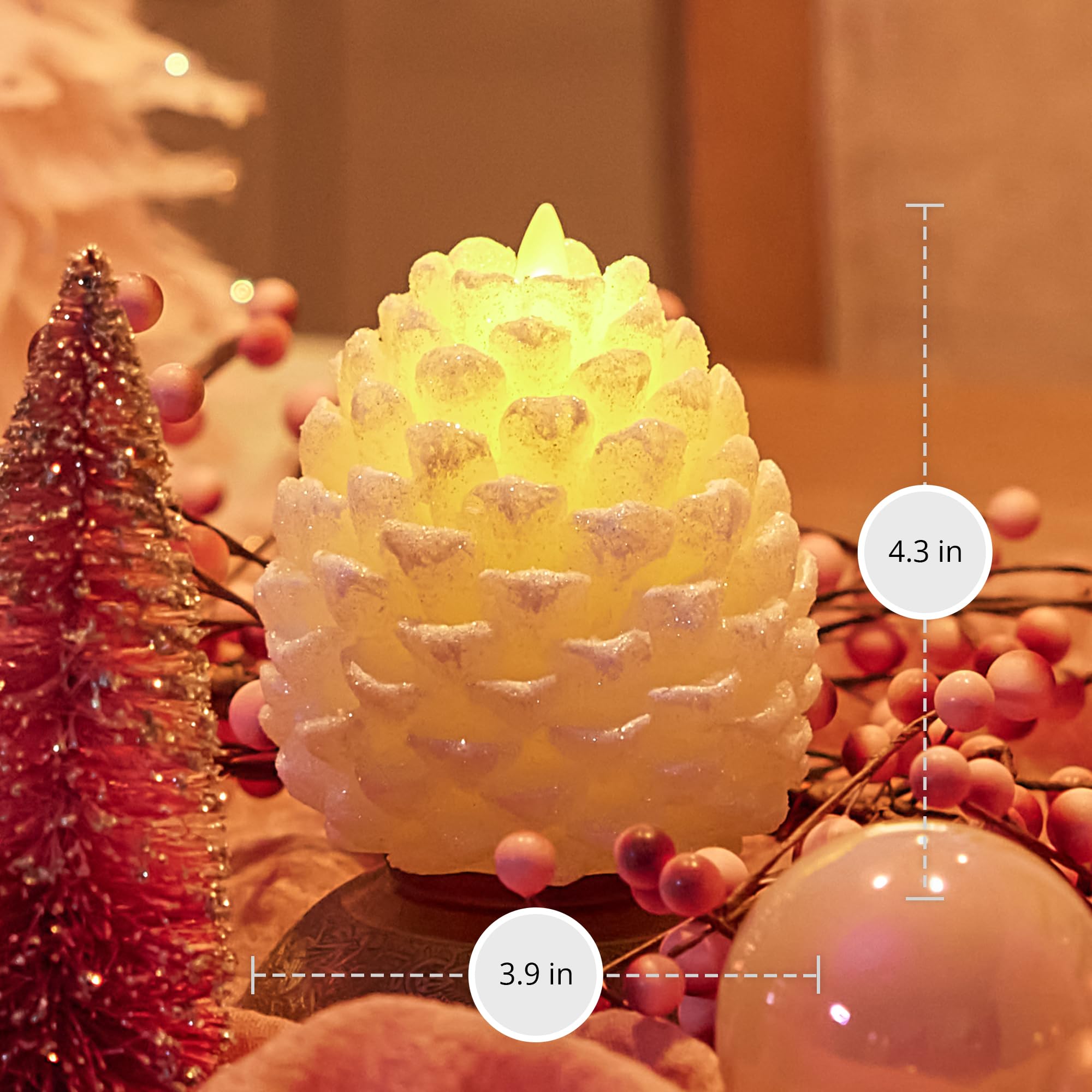 Luminara Flameless LED Pinecone Candle - White Swan Glitter Snow Finish, Real Wax Unscented, Battery Operated with Timer - Perfect for Christmas Decor, Holiday Centerpiece, Winter Home Decor (3.9
