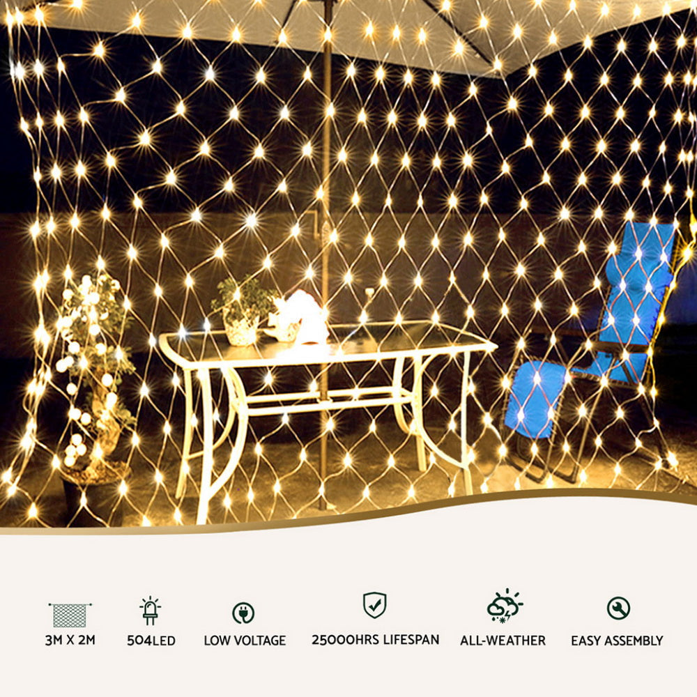 504 LED Christmas Lights 3Mx2M Net String Light Decorations - Warm White Outdoor/Indoor Holiday Party Wedding Garden Decor