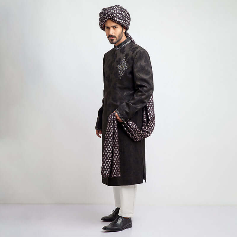 Elegant Black Jacquard Sherwani with Zardozi Embroidery - Slim Fit Indian Wedding Sherwani for Men | Perfect for Groom Outfits, Festive Celebrations & Special Occasions