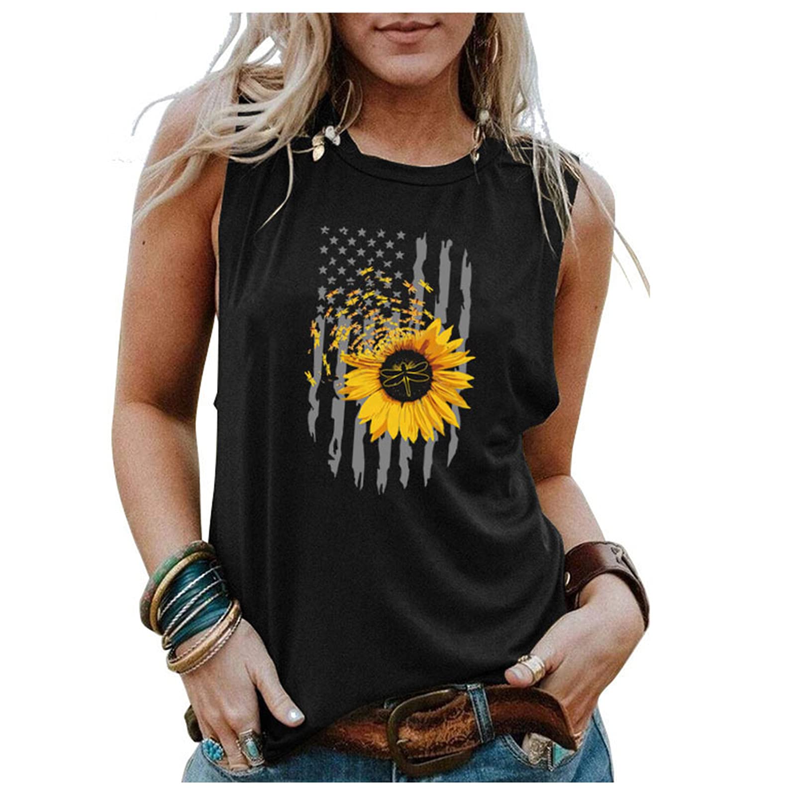 Women's Sleeveless Sunflower Print Round Neck Vest - Black Independence Day Blouse for Casual Wear & Summer Outfits
