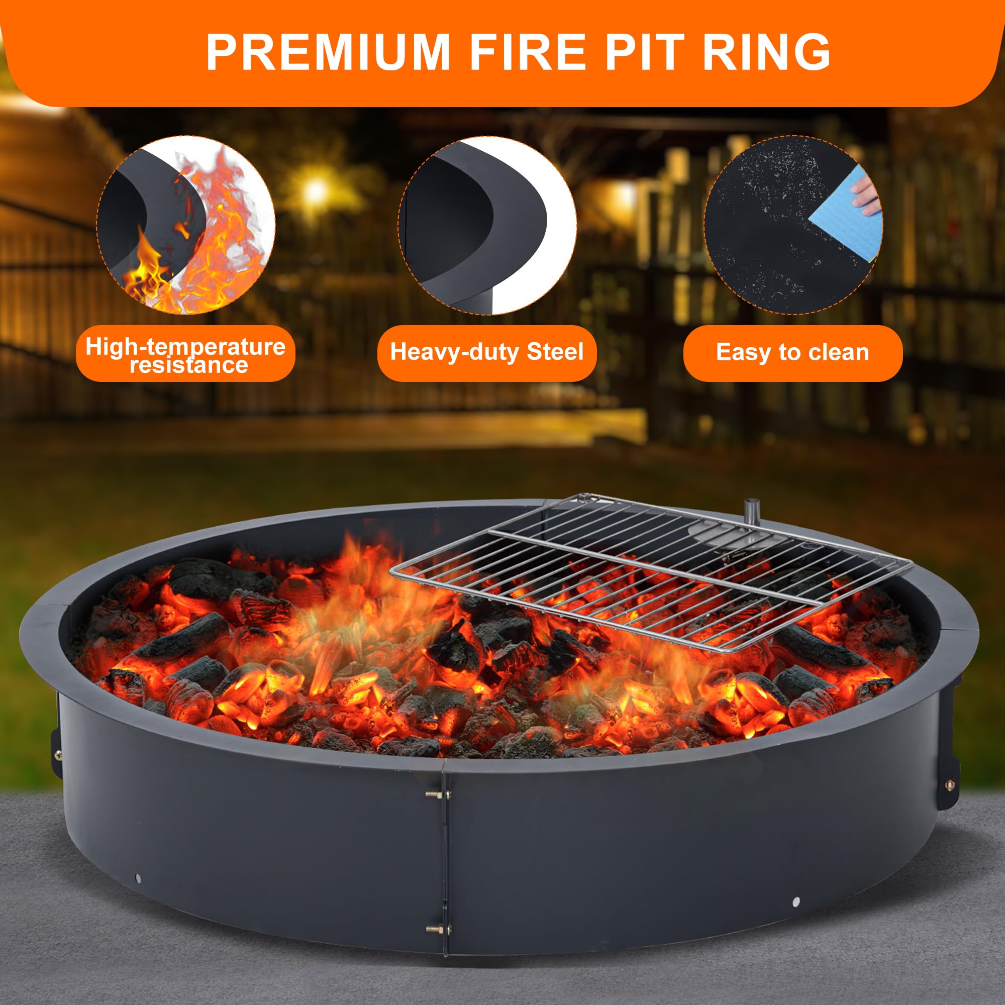 36 Inch Heavy Duty Steel Fire Pit Ring Insert - Outdoor Fire Pit Liner with Cooking Grate for Wood Burning | DIY Camping, Patio, Backyard & Garden Use | Perfect for Roasting Marshmallows, Bonfires & Outdoor Cooking