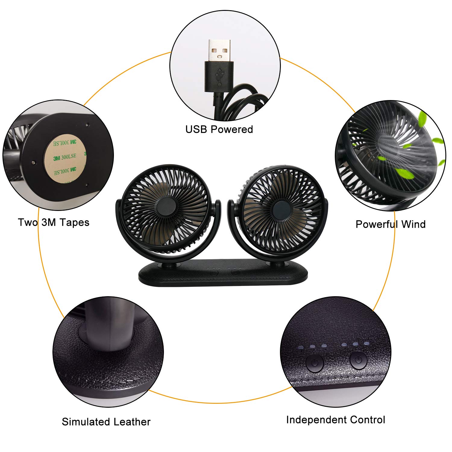 TriPole Dual Head USB Car Fan - 300° Adjustable, 3-Speed Strong Wind Cooling Fan for Dashboard, SUV, RV, Truck | Portable Electric Vehicle Fan for Home, Office & Travel Use