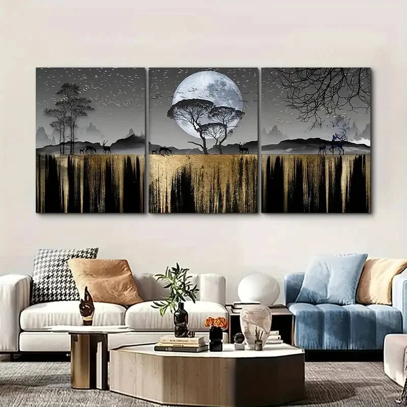 3-Piece Elk & Moonlight Scenery Metal Wall Art - Ready to Hang Nature Decor for Living Room, Bedroom & Office